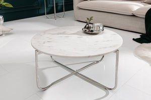 Table basse ronde NOBLE 65cm marbre blanc plateau amovible pliable métal argenté