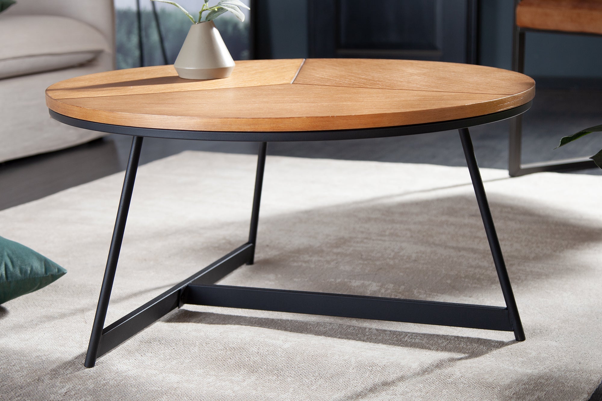Mesa de centro redonda OAK ELEGANCE 80cm diseño madera roble estructura metal negro