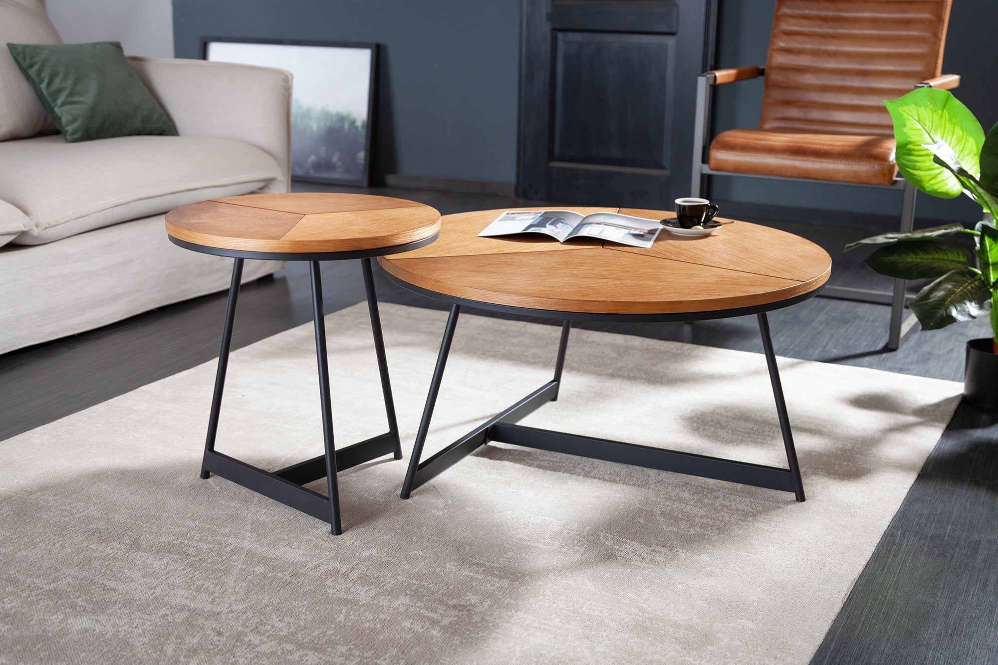 Mesa de centro redonda OAK ELEGANCE 80cm diseño madera roble estructura metal negro