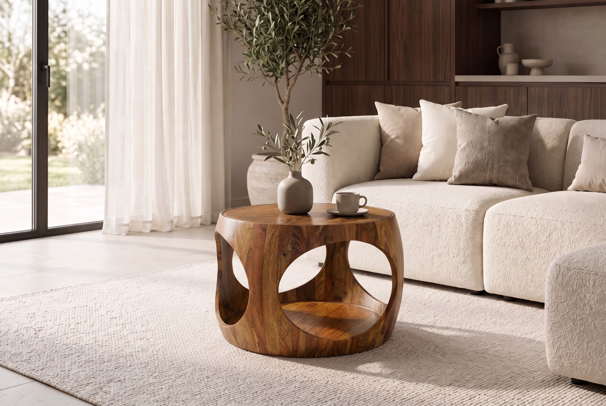 Table basse ronde ORGANIC LOOP 60cm finition pierre marron bois de Sesham