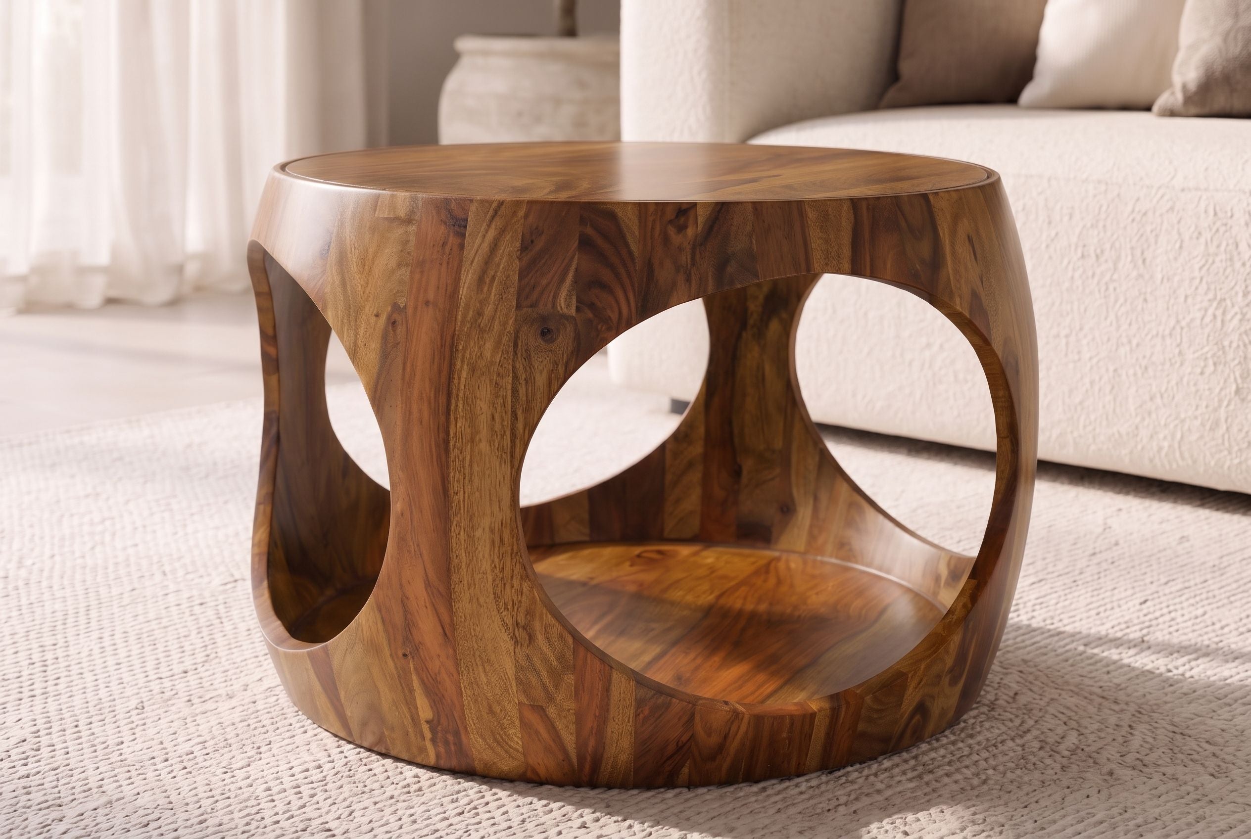 Table basse ronde ORGANIC LOOP 60cm finition pierre marron bois de Sesham