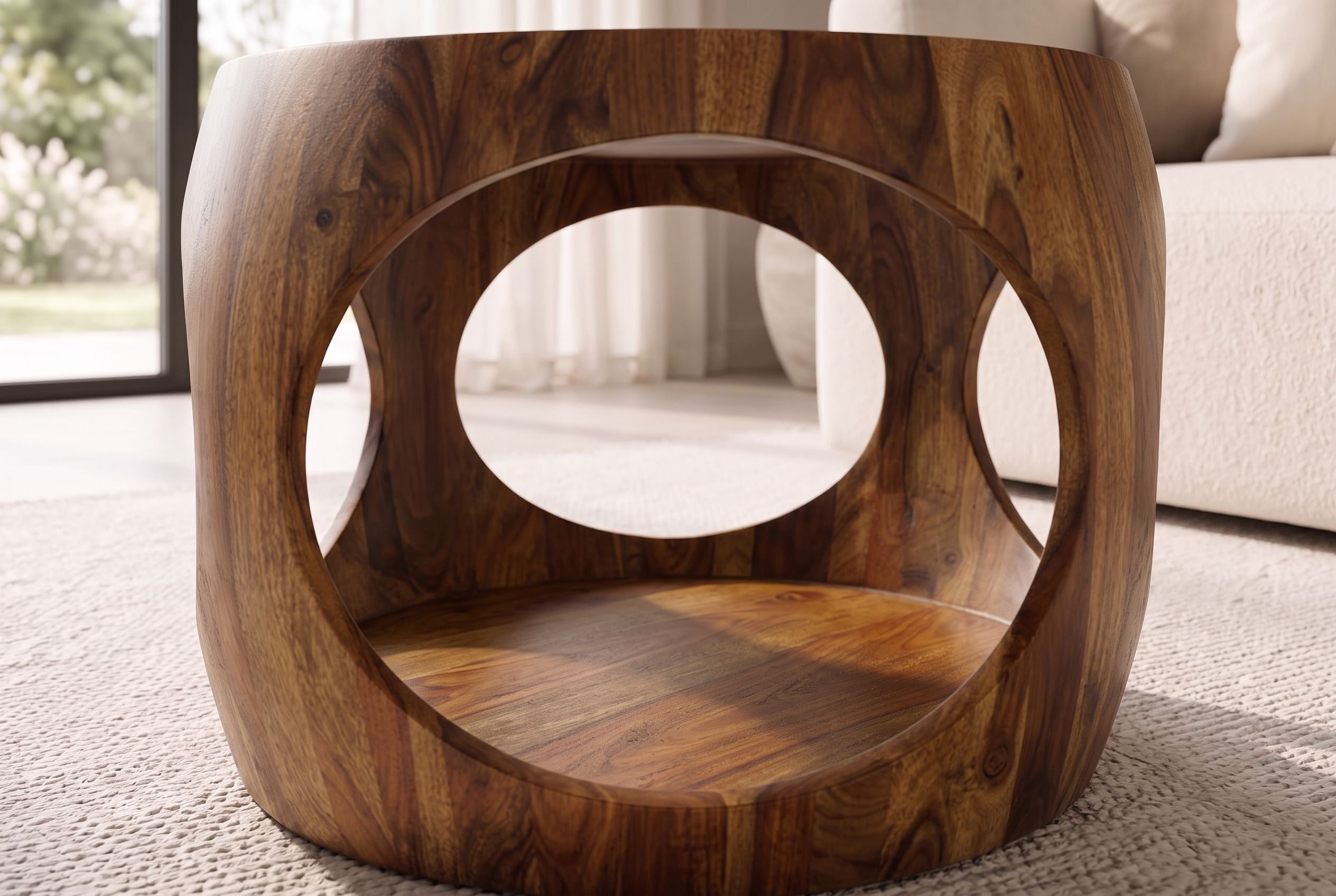 Table basse ronde ORGANIC LOOP 60cm finition pierre marron bois de Sesham