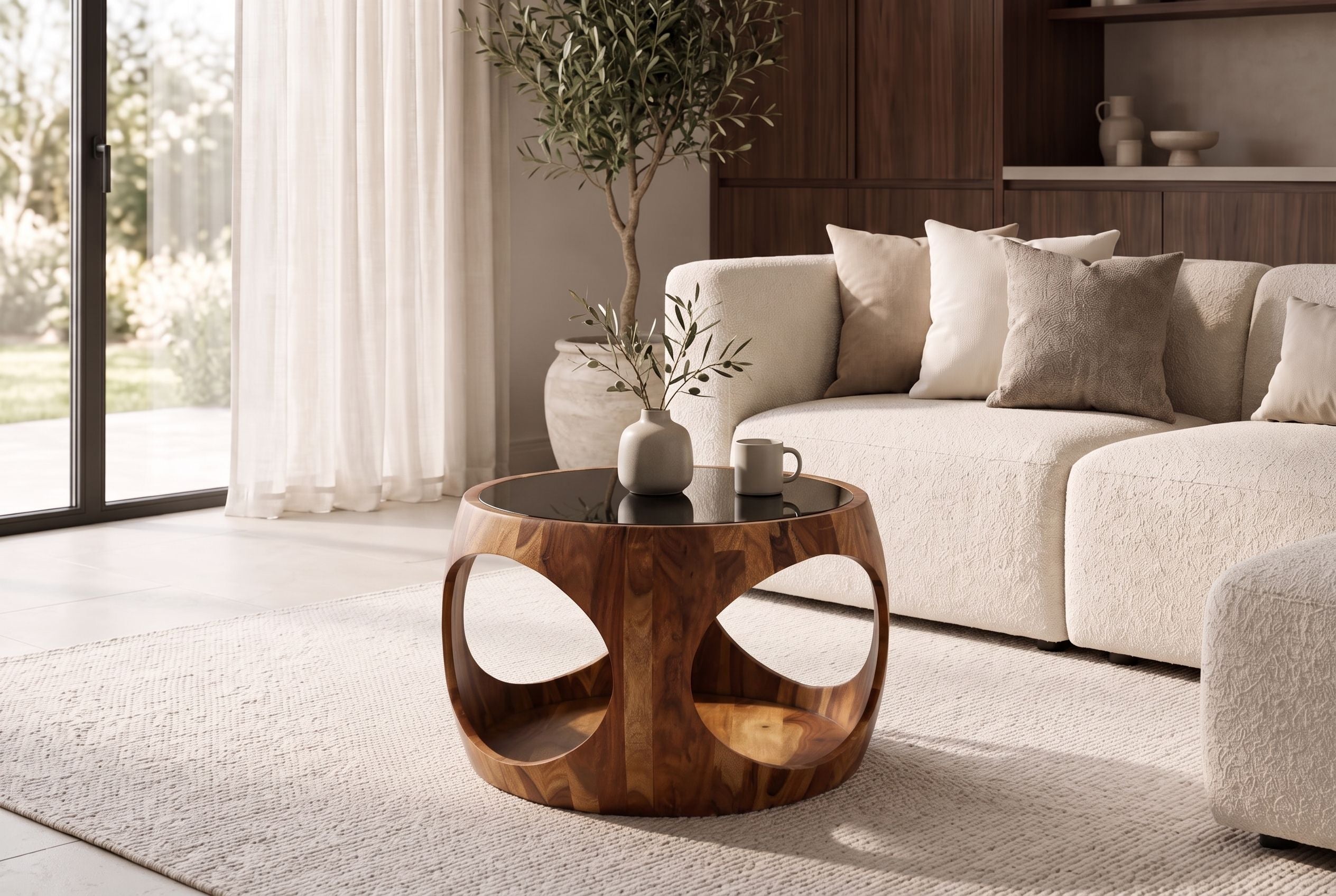 Table basse ronde ORGANIC LOOP 60cm finition pierre marron bois sheesham verre noir