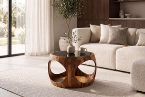 Table basse ronde ORGANIC LOOP 60cm finition pierre marron bois sheesham verre noir