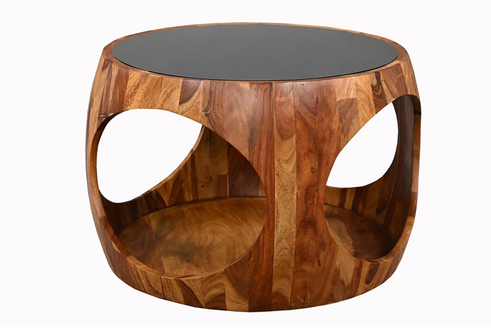 Table basse ronde ORGANIC LOOP 60cm finition pierre marron bois sheesham verre noir