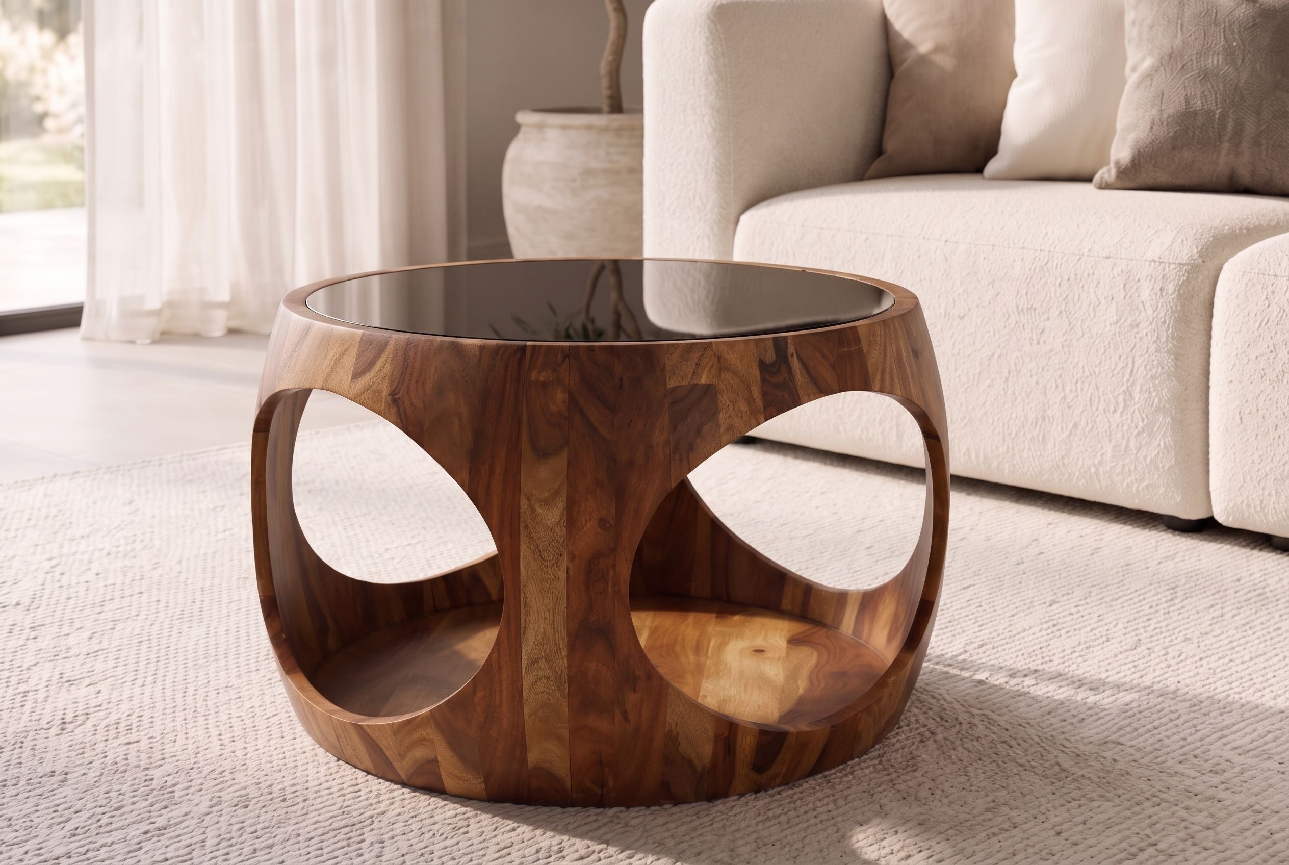 Table basse ronde ORGANIC LOOP 60cm finition pierre marron bois sheesham verre noir