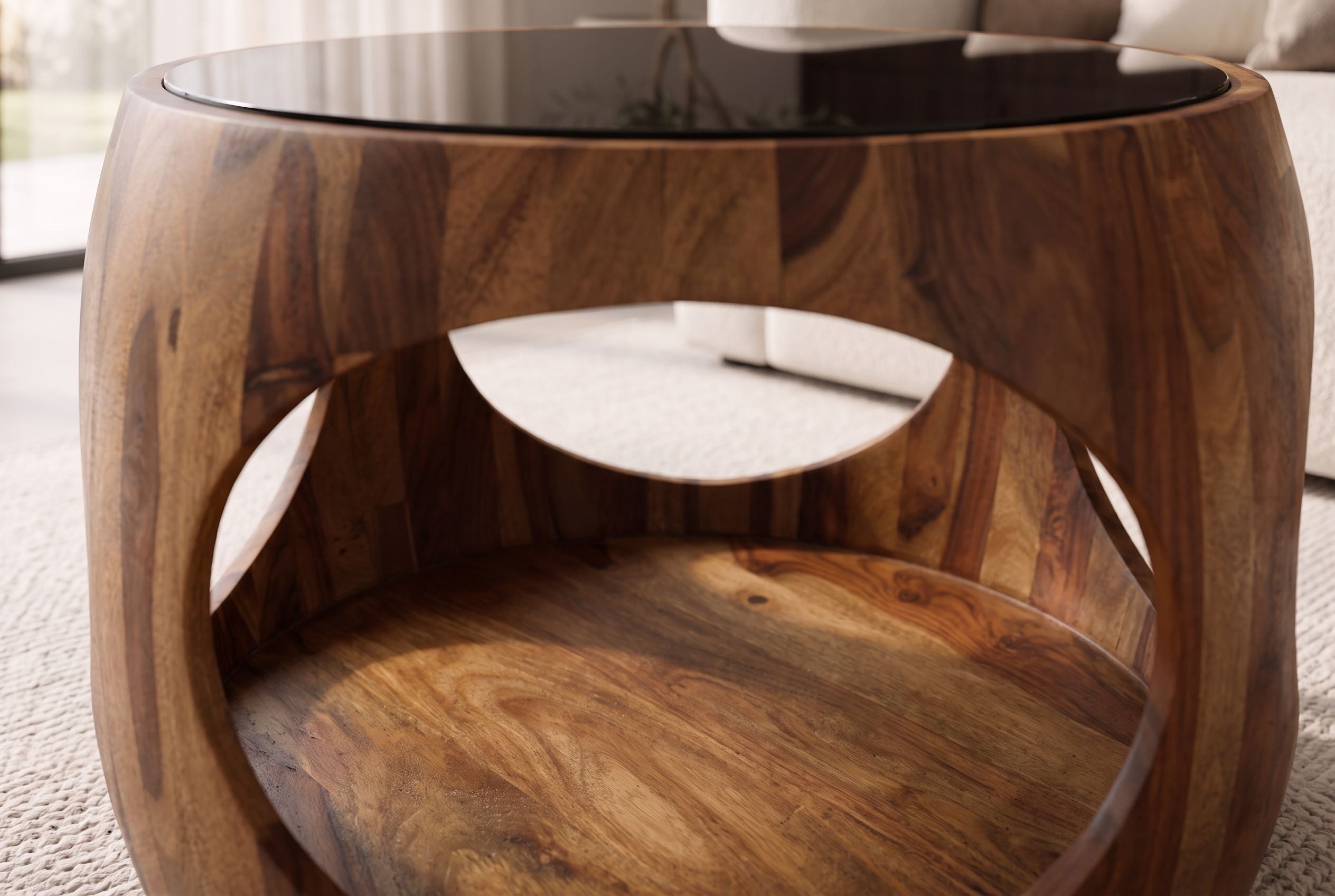 Table basse ronde ORGANIC LOOP 60cm finition pierre marron bois sheesham verre noir