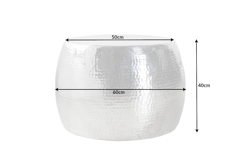 Table basse ronde ORIENT 60cm métal argenté aluminium martelé design fait main