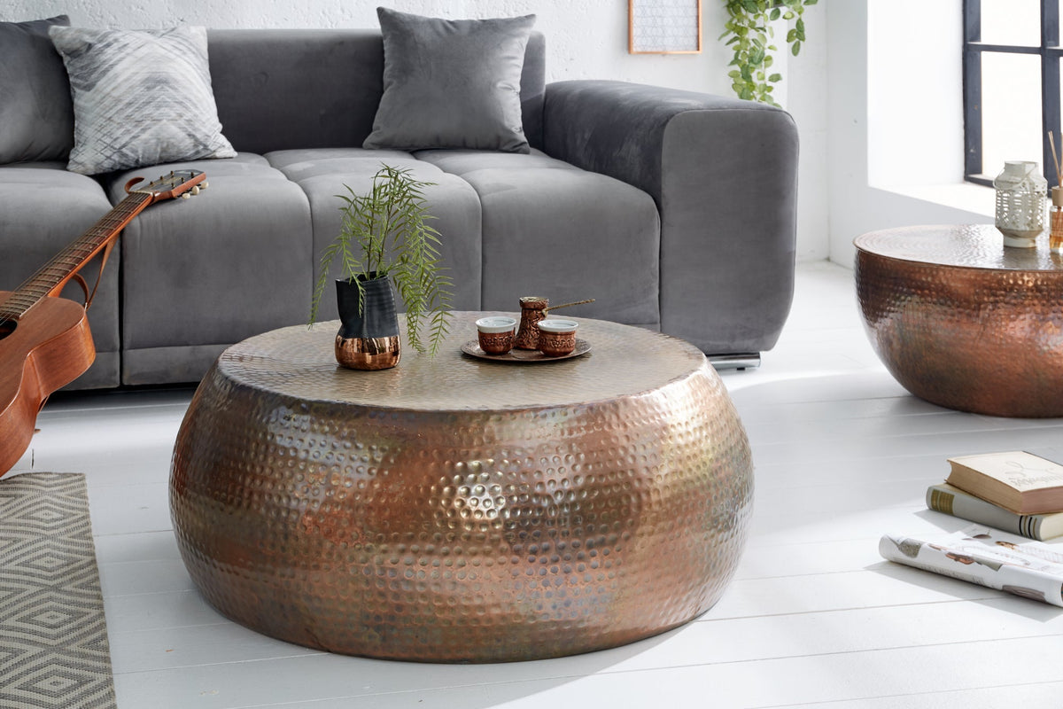 Table basse ronde ORIENT 80cm cuivre flammé métal martelé design fait main