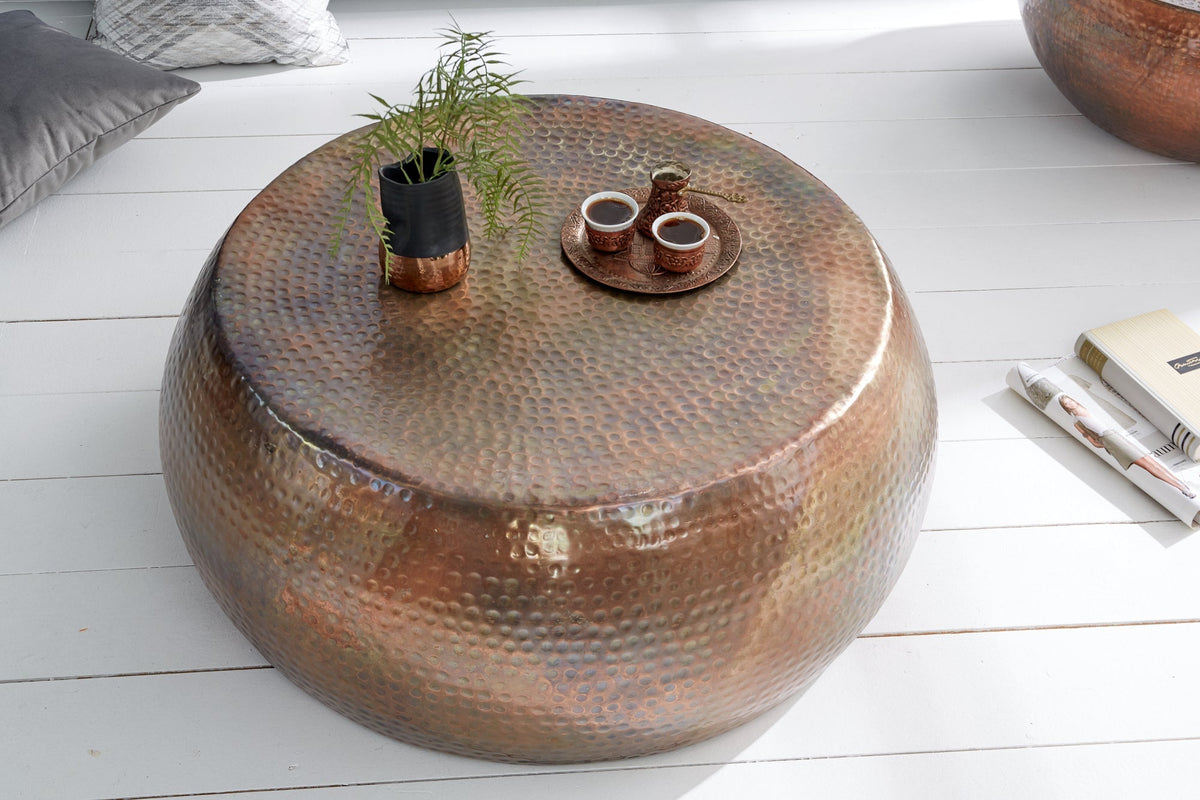 Table basse ronde ORIENT 80cm cuivre flammé métal martelé design fait main