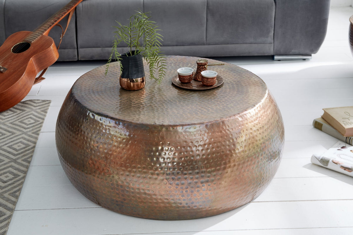 Table basse ronde ORIENT 80cm cuivre flammé métal martelé design fait main
