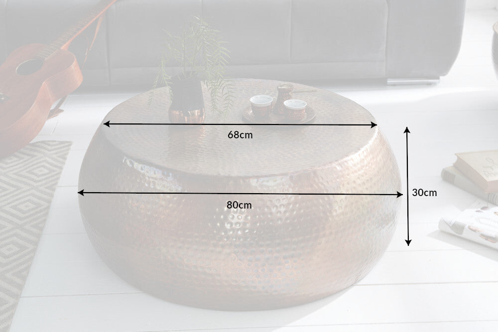 Table basse ronde ORIENT 80cm cuivre flammé métal martelé design fait main