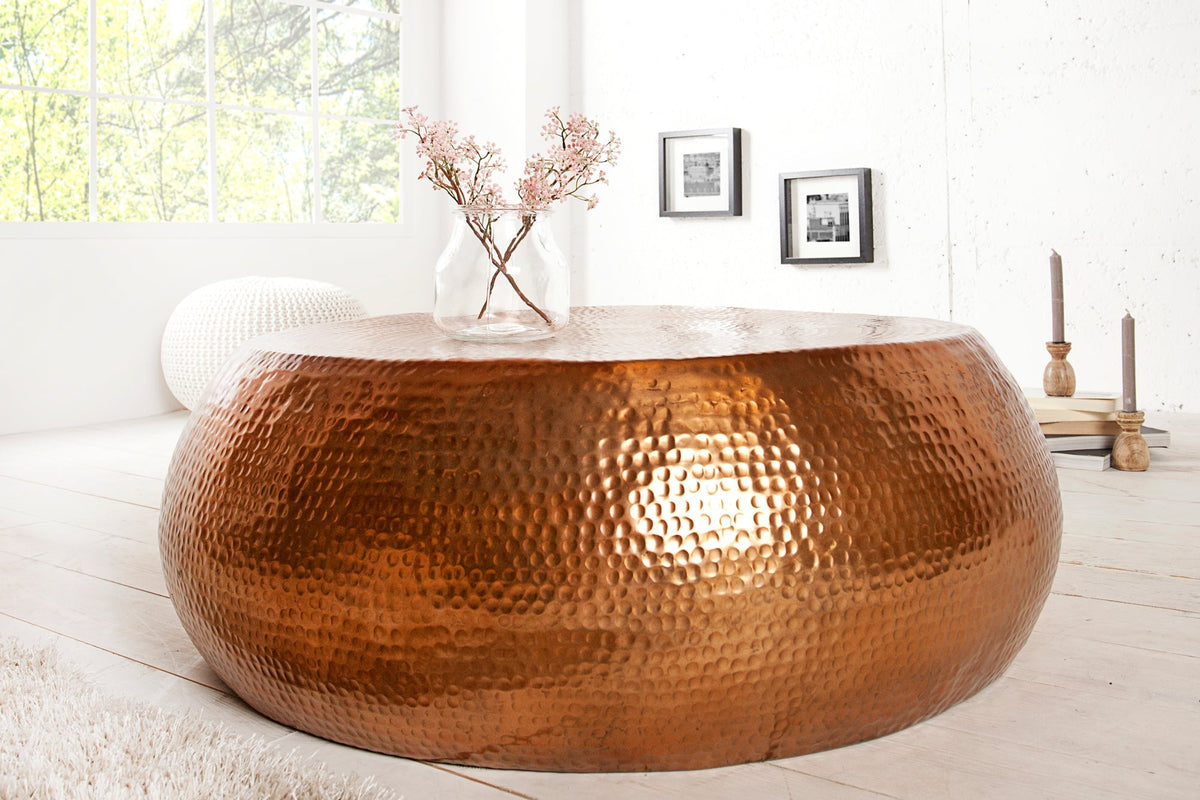 Table basse ronde ORIENT 80cm cuivre métal aluminium martelé design fait main
