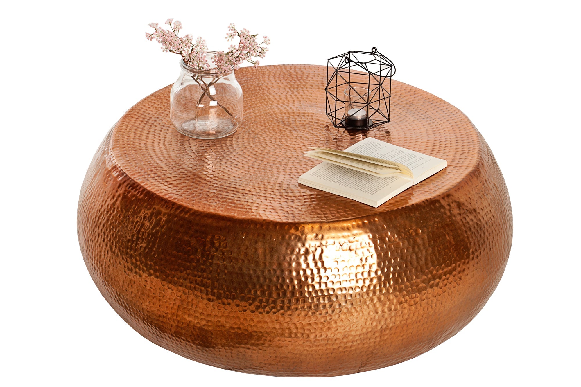 ORIENT Mesa de centro redonda de 80 cm de metal cobrizo de aluminio martillado, diseño artesanal