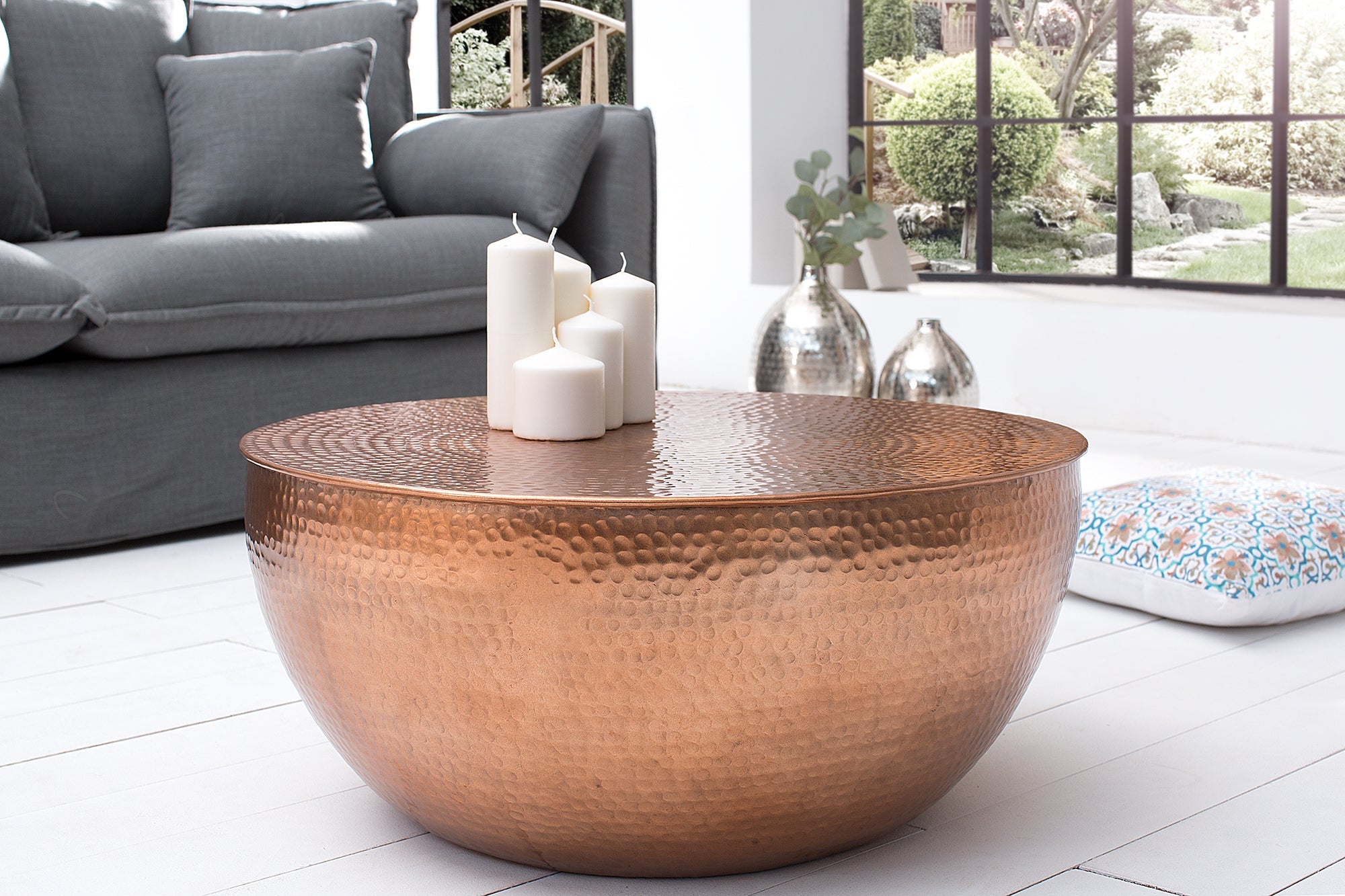 Mesa de centro redonda ORIENT II 60cm metal cobre aluminio martillado diseño artesanal