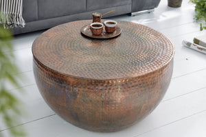Table basse ronde ORIENT II 60cm en métal flammé cuivré martelé design fait main
