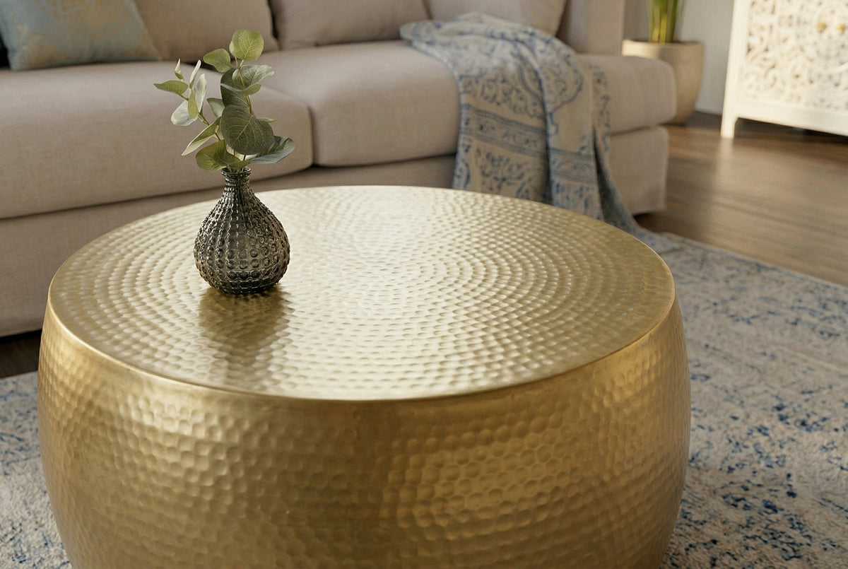 Table basse ronde ORIENT III 60cm métal doré martelé design fait main