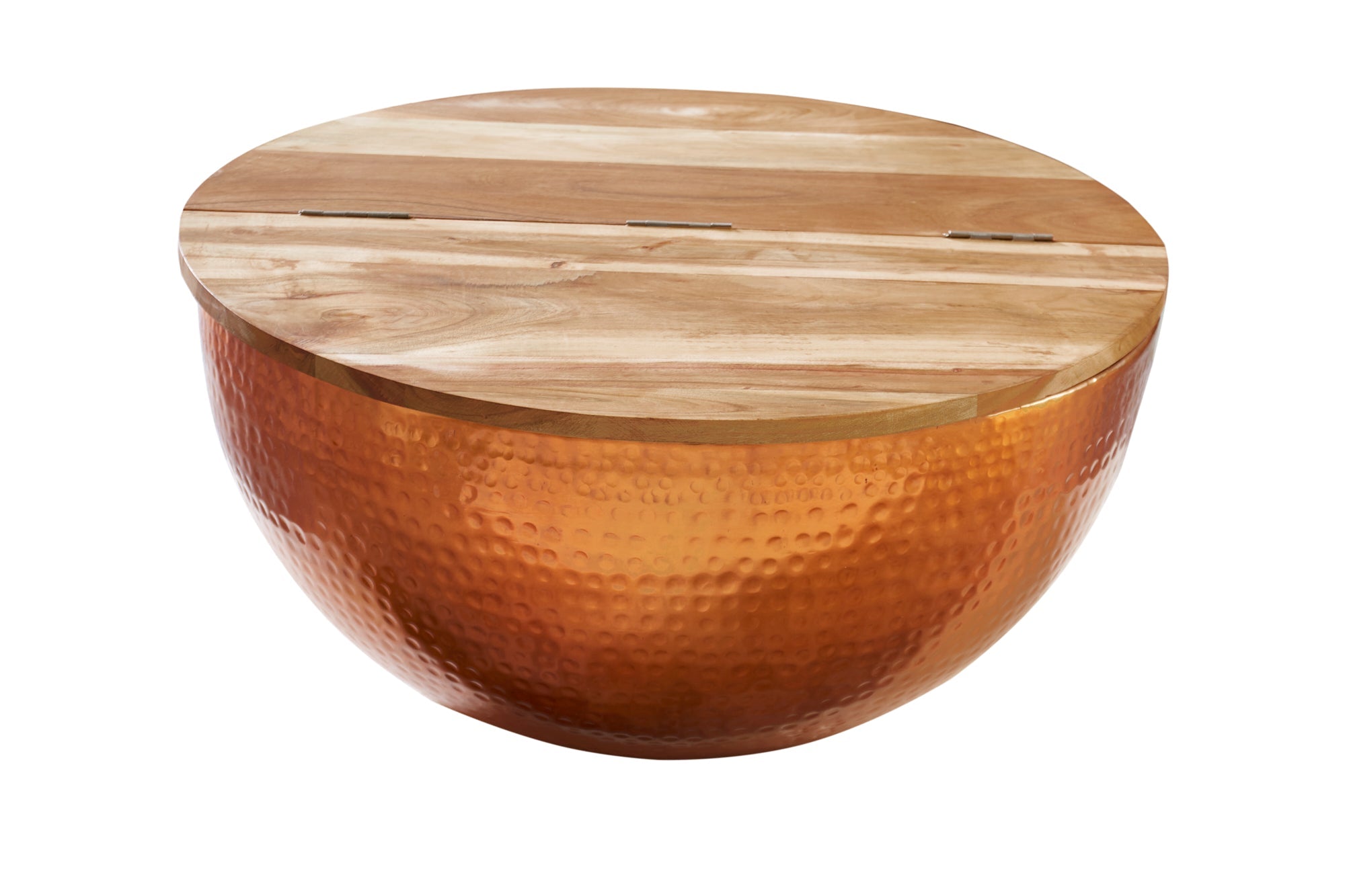 ORIENT STORAGE Mesa de centro redonda de 60 cm de madera de acacia martillada a mano con espacio de almacenamiento