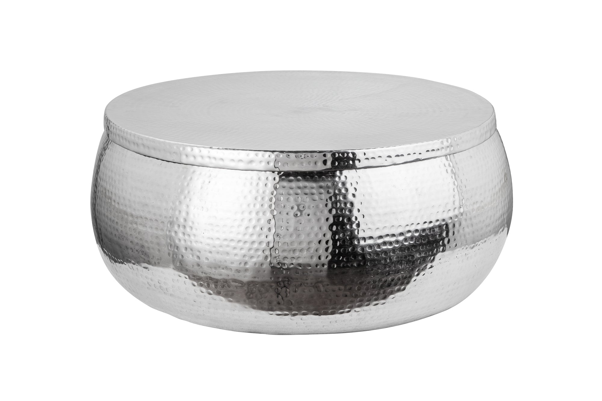 Table basse ronde ORIENT STORAGE 70cm en métal argenté avec rangement martelé design fait main