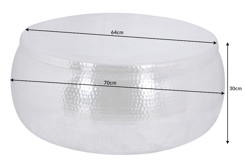 ORIENT STORAGE Mesa de centro redonda de 70 cm en metal plateado con espacio de almacenamiento de diseño martillado hecho a mano