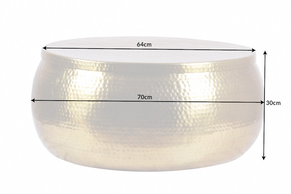 ORIENT STORAGE Mesa de centro redonda de 70 cm de metal dorado con espacio de almacenamiento de diseño martillado hecho a mano