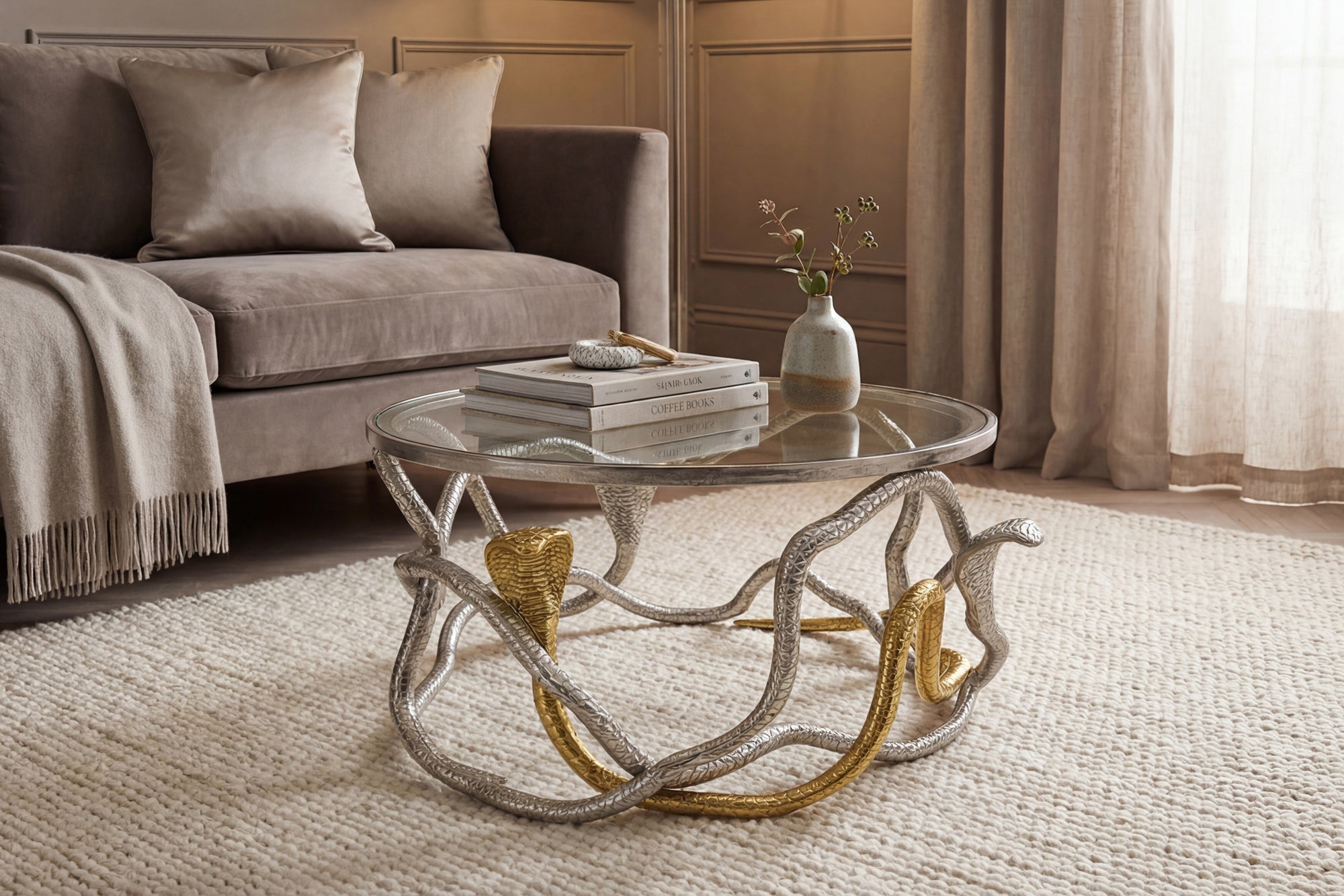 Table basse ronde SNAKE 70cm sculpture serpent métal argenté doré plateau verre