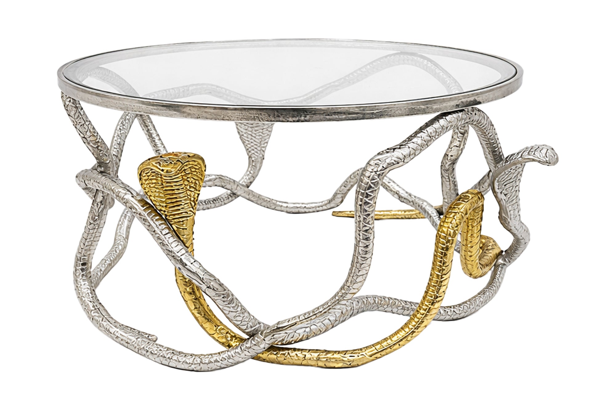 Table basse ronde SNAKE 70cm sculpture serpent métal argenté doré plateau verre