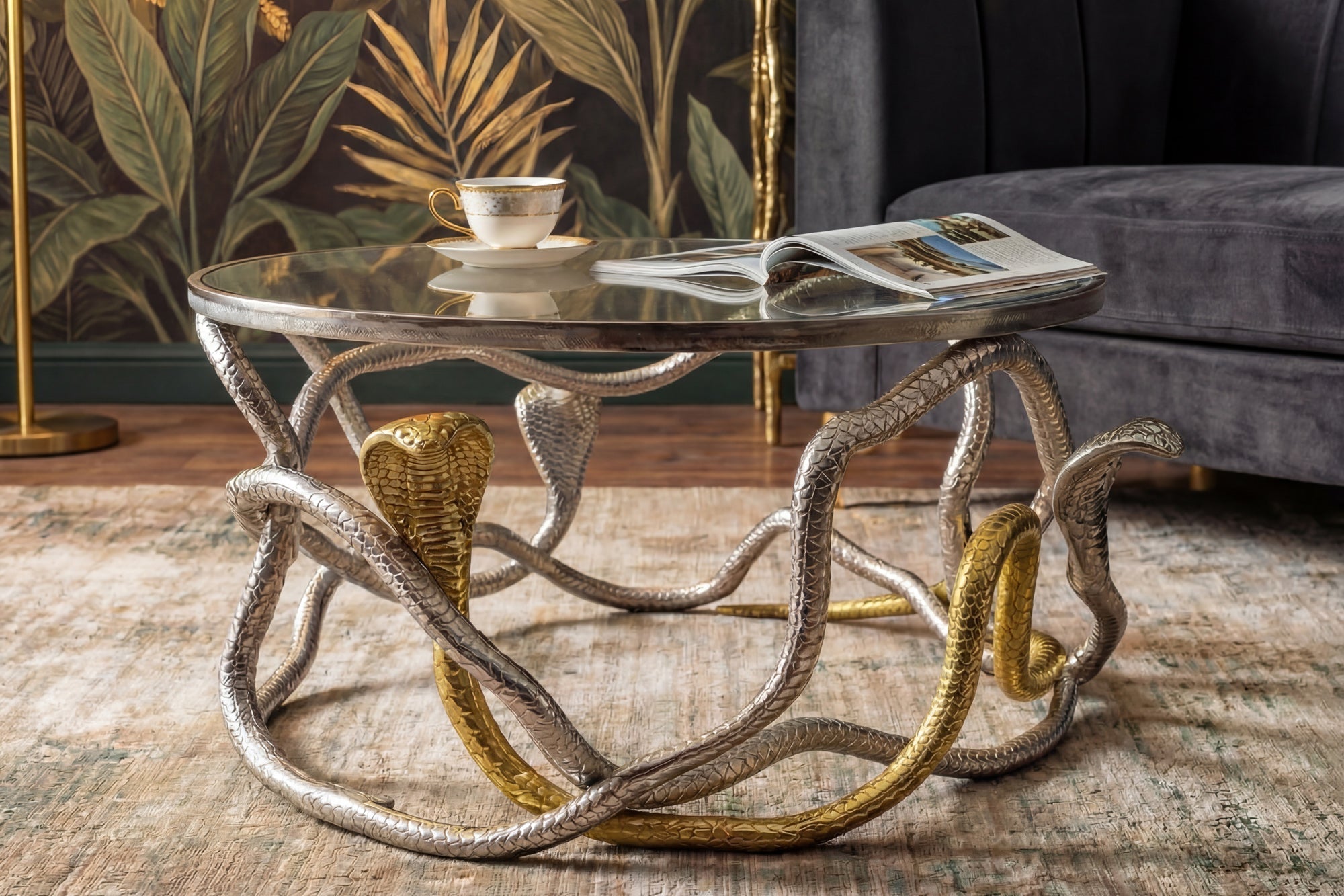Table basse ronde SNAKE 70cm sculpture serpent métal argenté doré plateau verre
