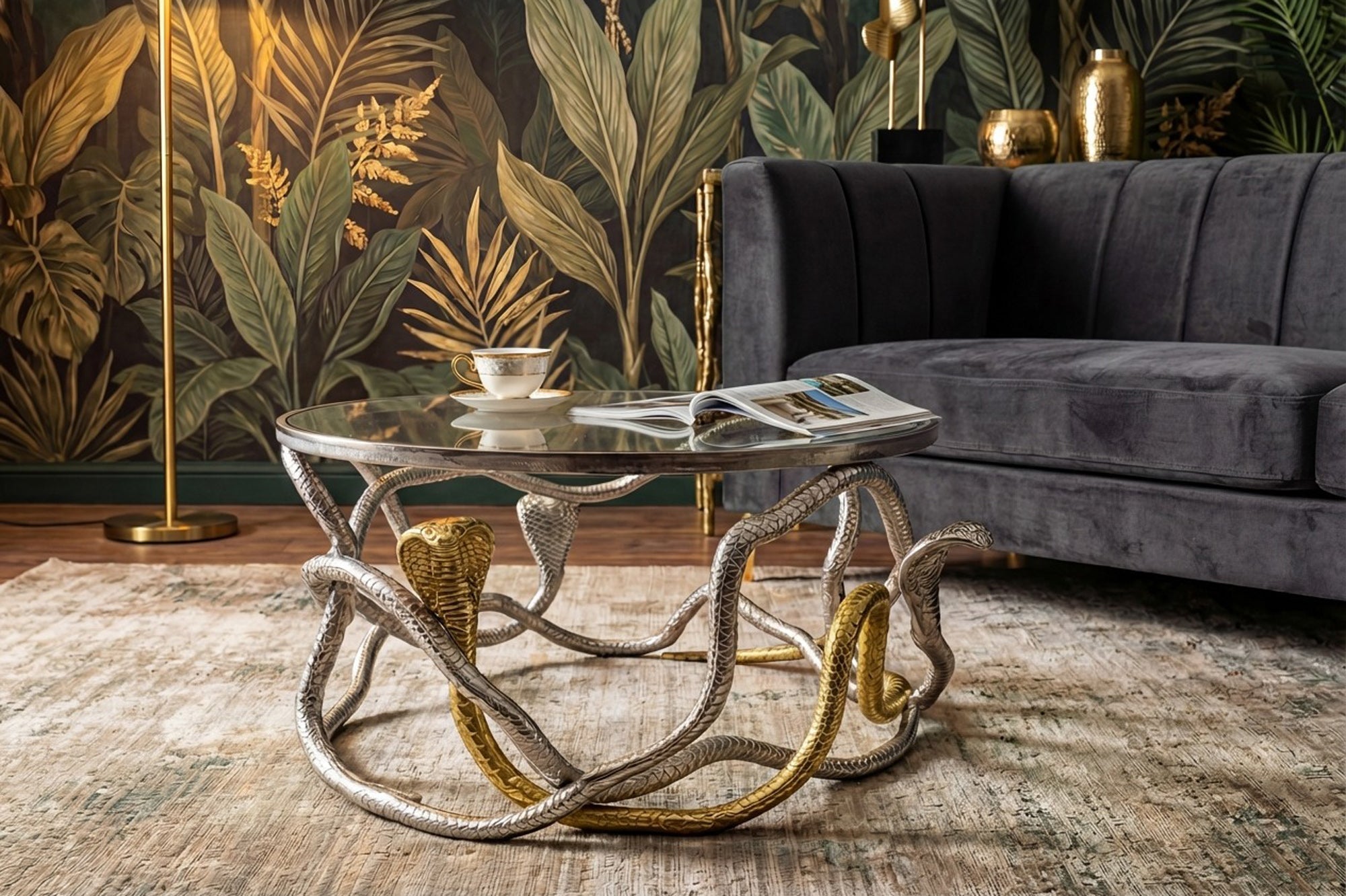 Table basse ronde SNAKE 70cm sculpture serpent métal argenté doré plateau verre