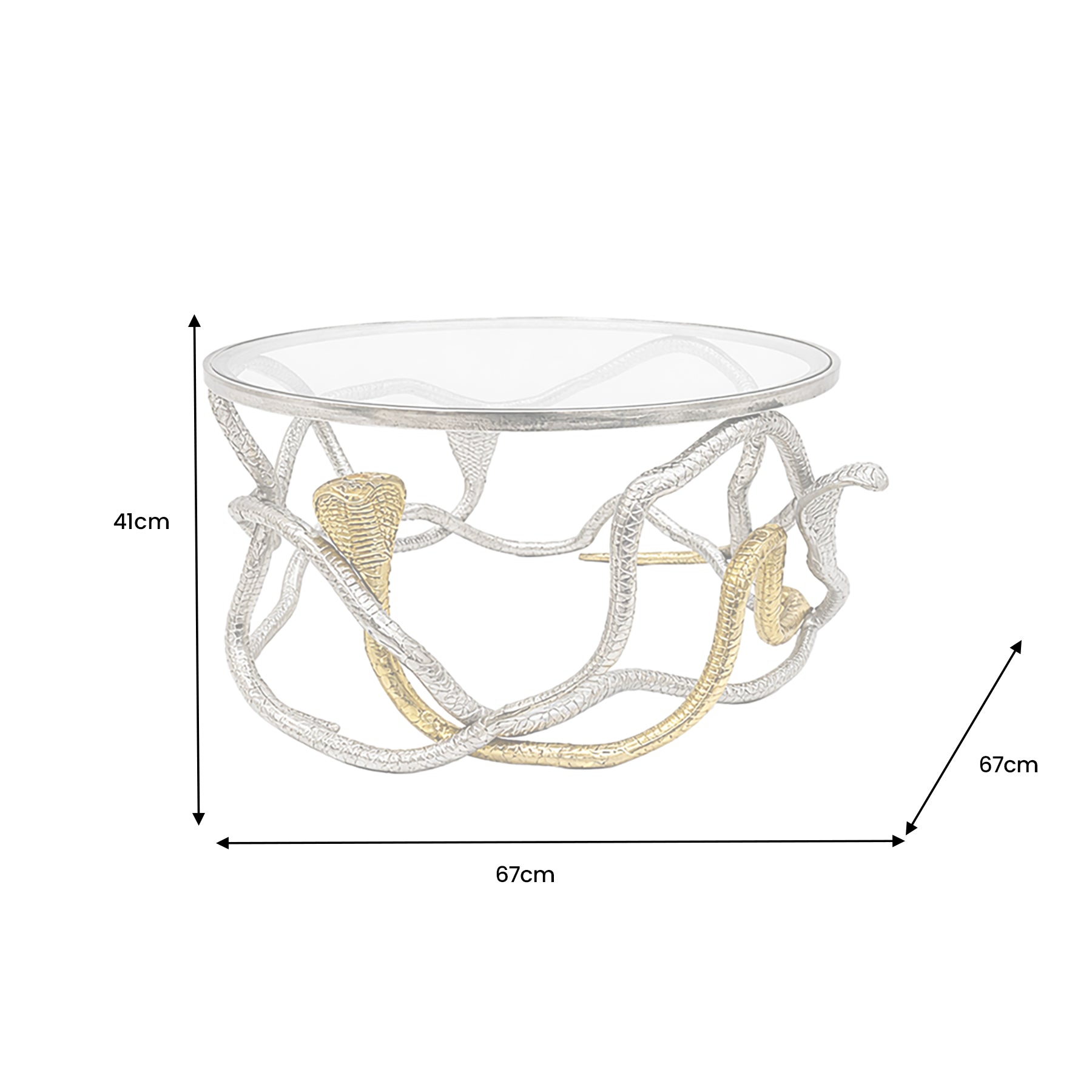 Table basse ronde SNAKE 70cm sculpture serpent métal argenté doré plateau verre
