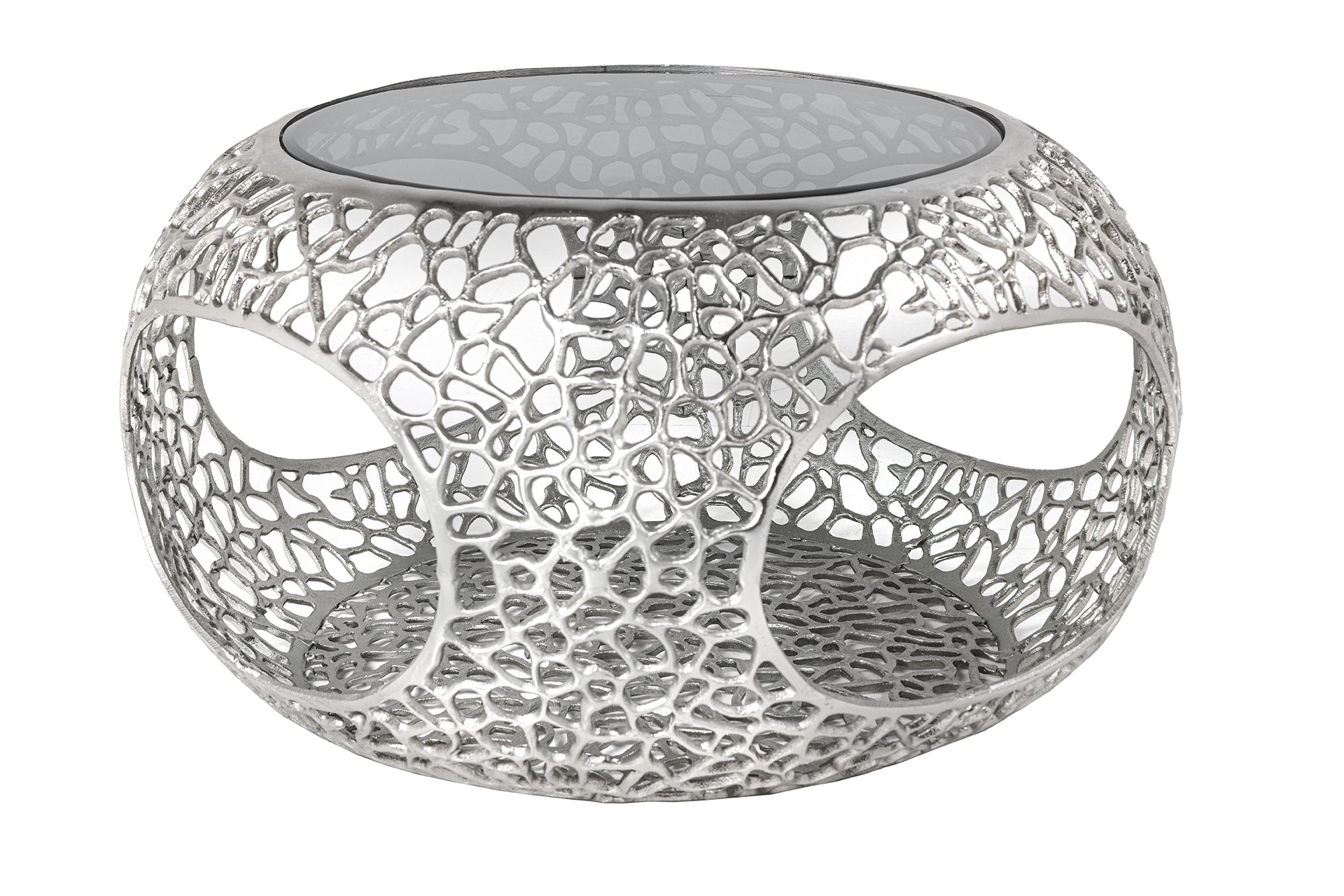 SPIN mesa de centro redonda 75cm plata negro vidrio metal con espacio de almacenamiento hecho a mano