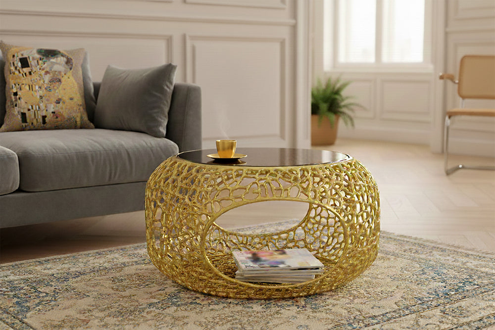 Table basse ronde SPIN 75cm métal verre noir doré avec espace de rangement fait main