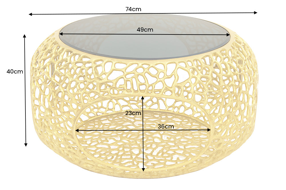 Table basse ronde SPIN 75cm métal verre noir doré avec espace de rangement fait main