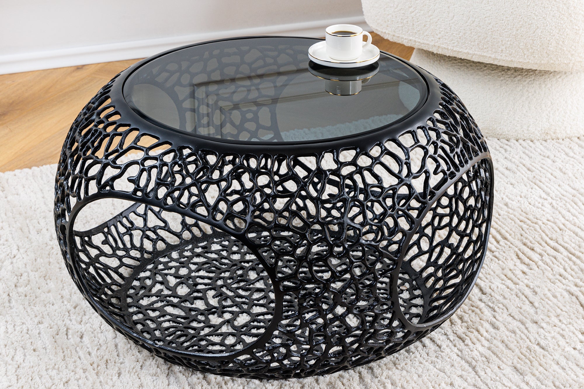 SPIN mesa de centro redonda 75cm cristal negro metal negro con espacio de almacenamiento hecho a mano