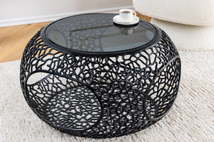 Table basse ronde SPIN 75cm noir verre noir métal avec espace de rangement fait main