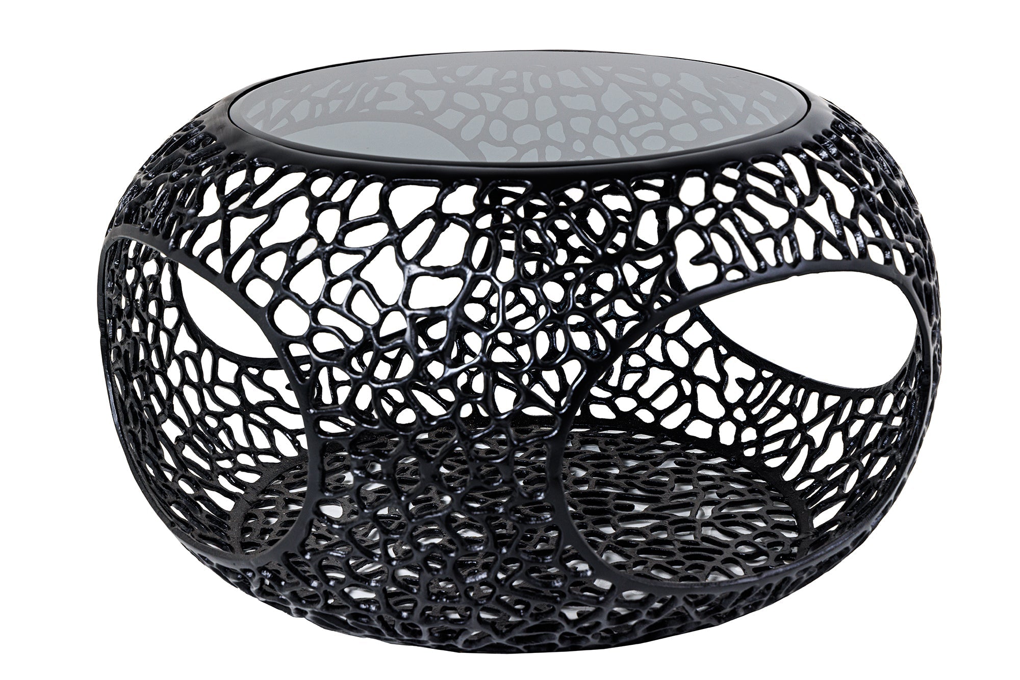 SPIN mesa de centro redonda 75cm cristal negro metal negro con espacio de almacenamiento hecho a mano