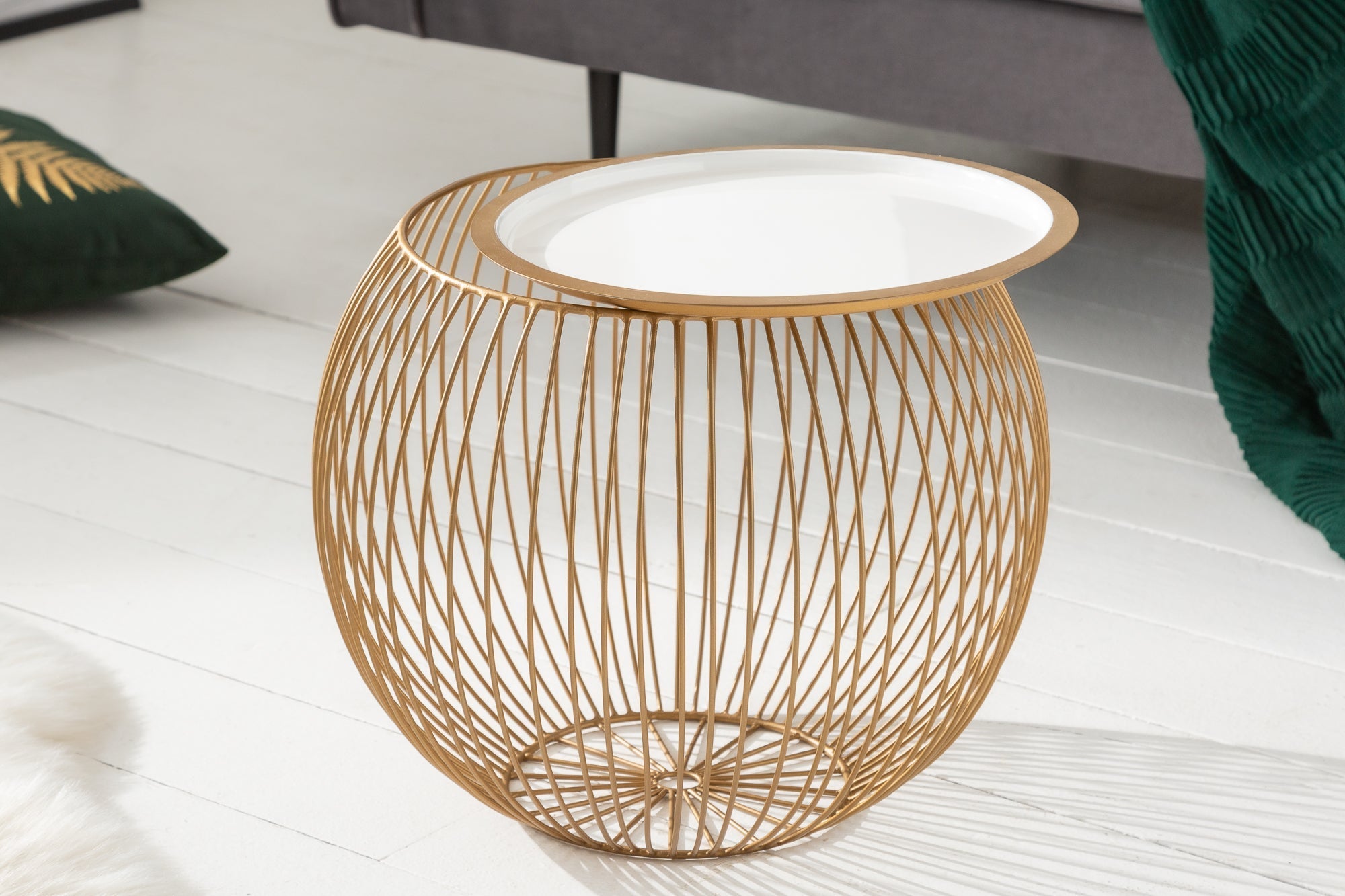 Table basse ronde STORAGE 40cm plateau métal blanc doré table d’appoint avec espace de rangement fait main