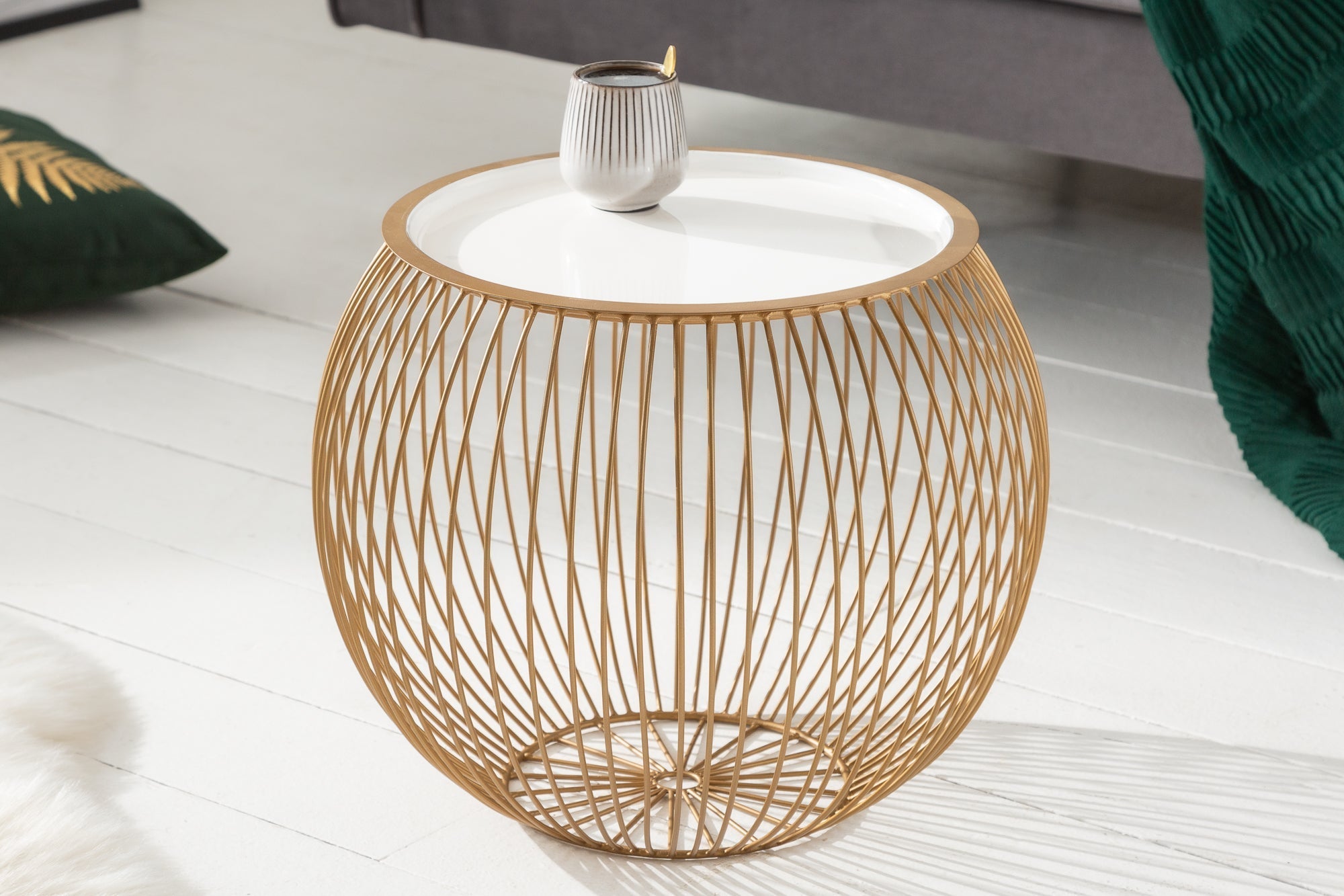Table basse ronde STORAGE 40cm plateau métal blanc doré table d’appoint avec espace de rangement fait main