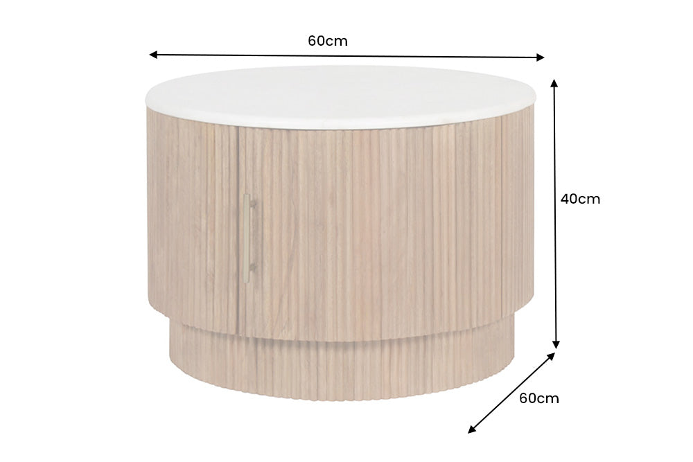 Table basse ronde TRES CHIC 60cm marbre blanc bois de manguier naturel avec rangements