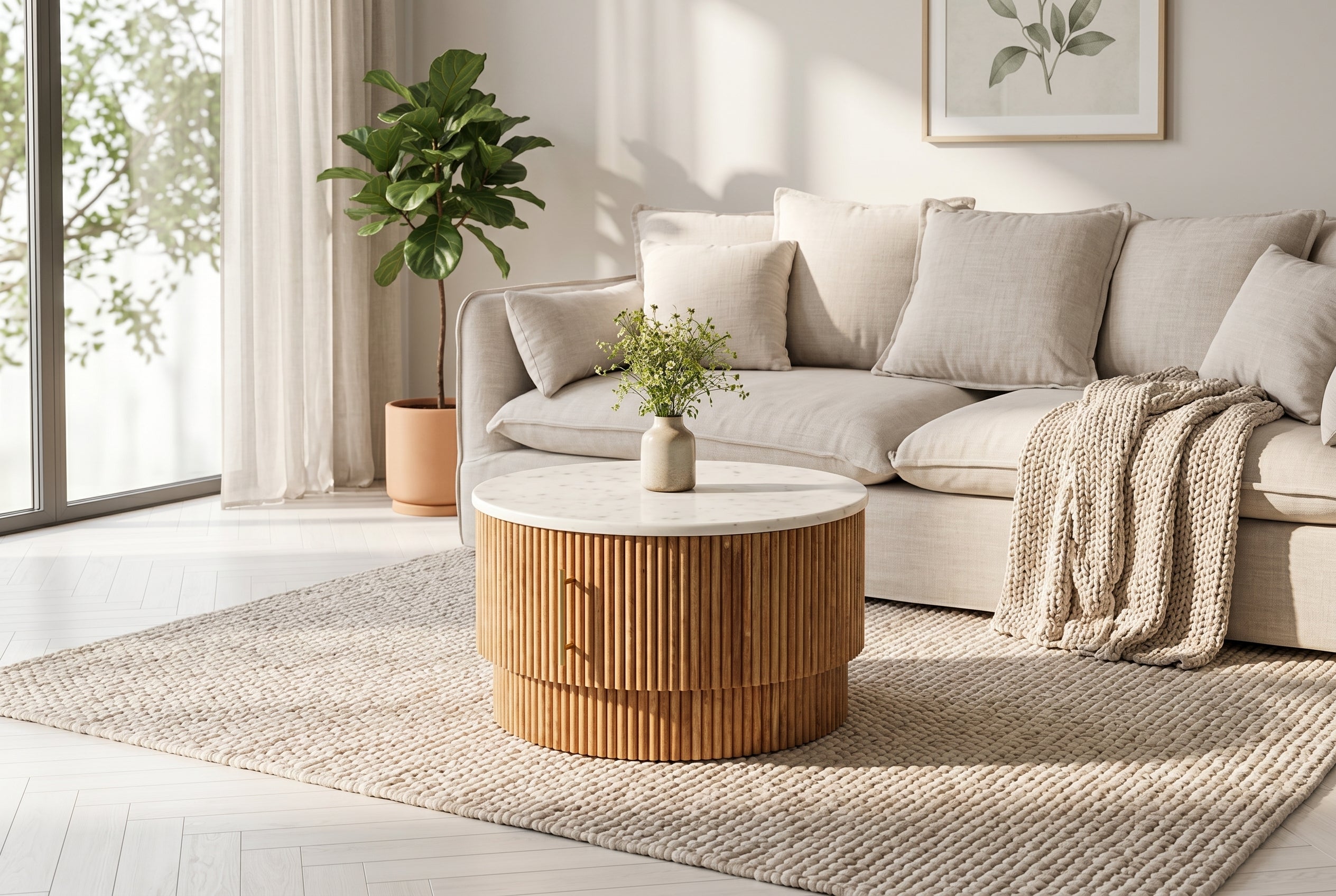 Table basse ronde TRES CHIC 60cm marbre blanc bois de manguier naturel avec rangements