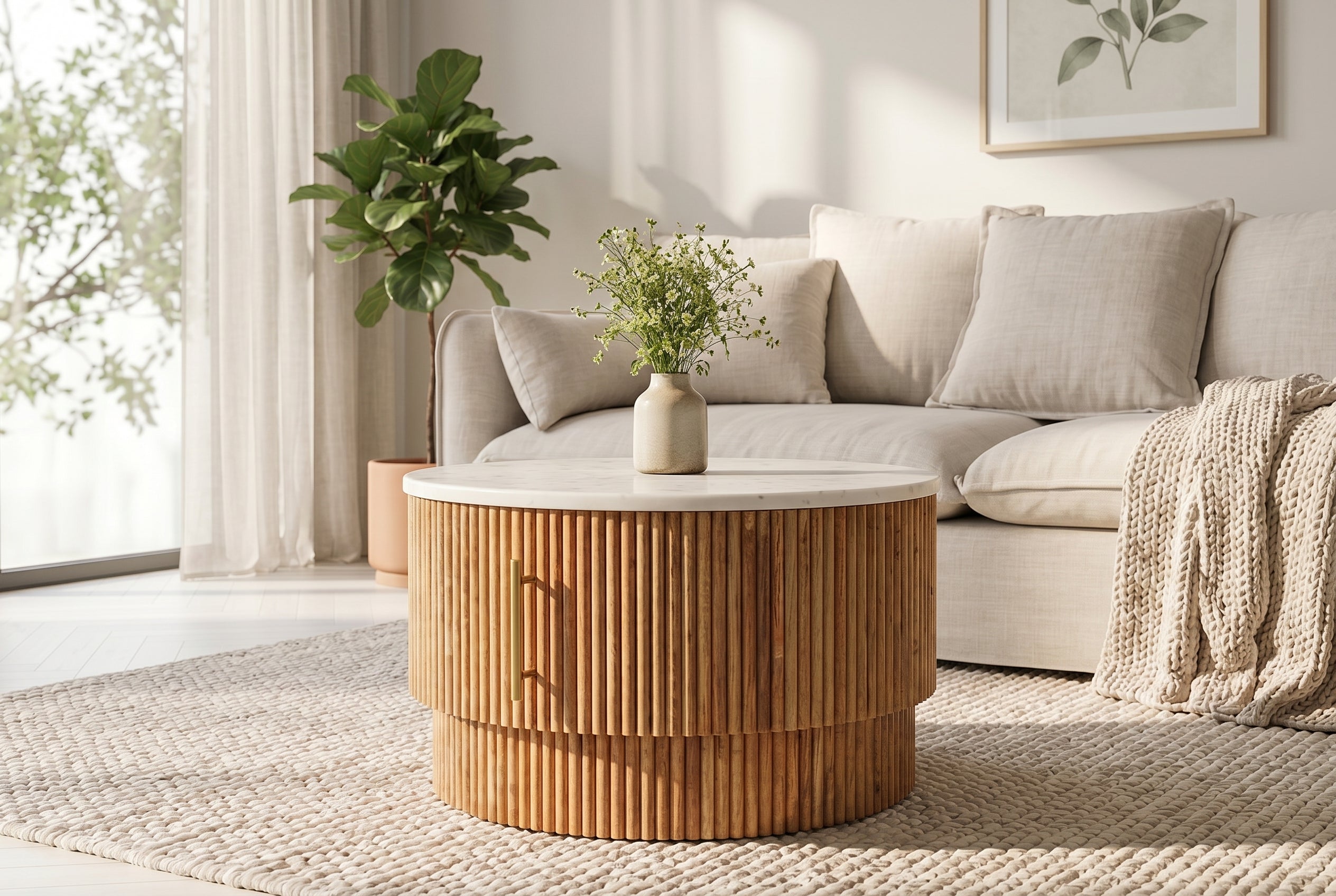 Table basse ronde TRES CHIC 60cm marbre blanc bois de manguier naturel avec rangements