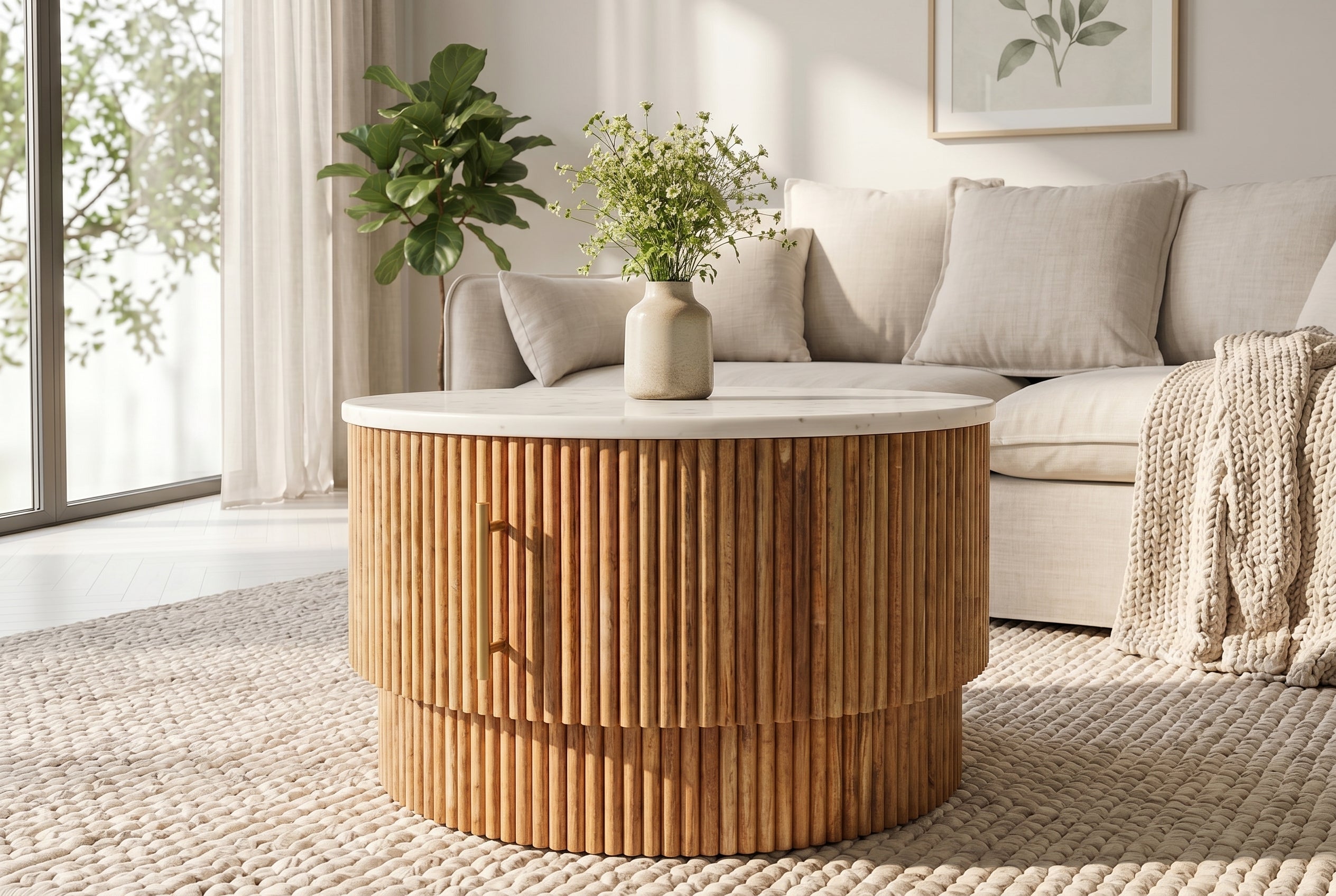 Table basse ronde TRES CHIC 60cm marbre blanc bois de manguier naturel avec rangements