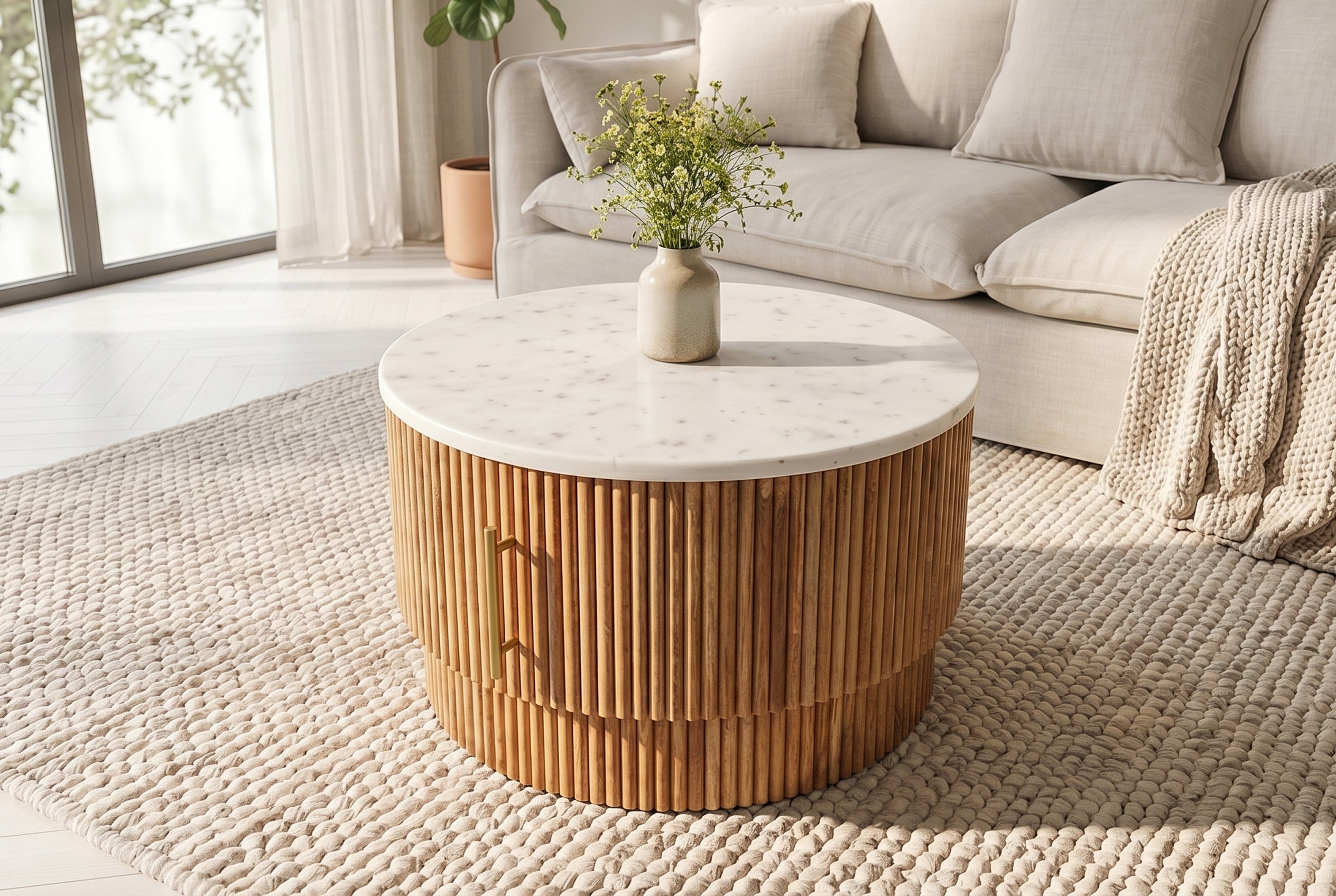 Table basse ronde TRES CHIC 60cm marbre blanc bois de manguier naturel avec rangements