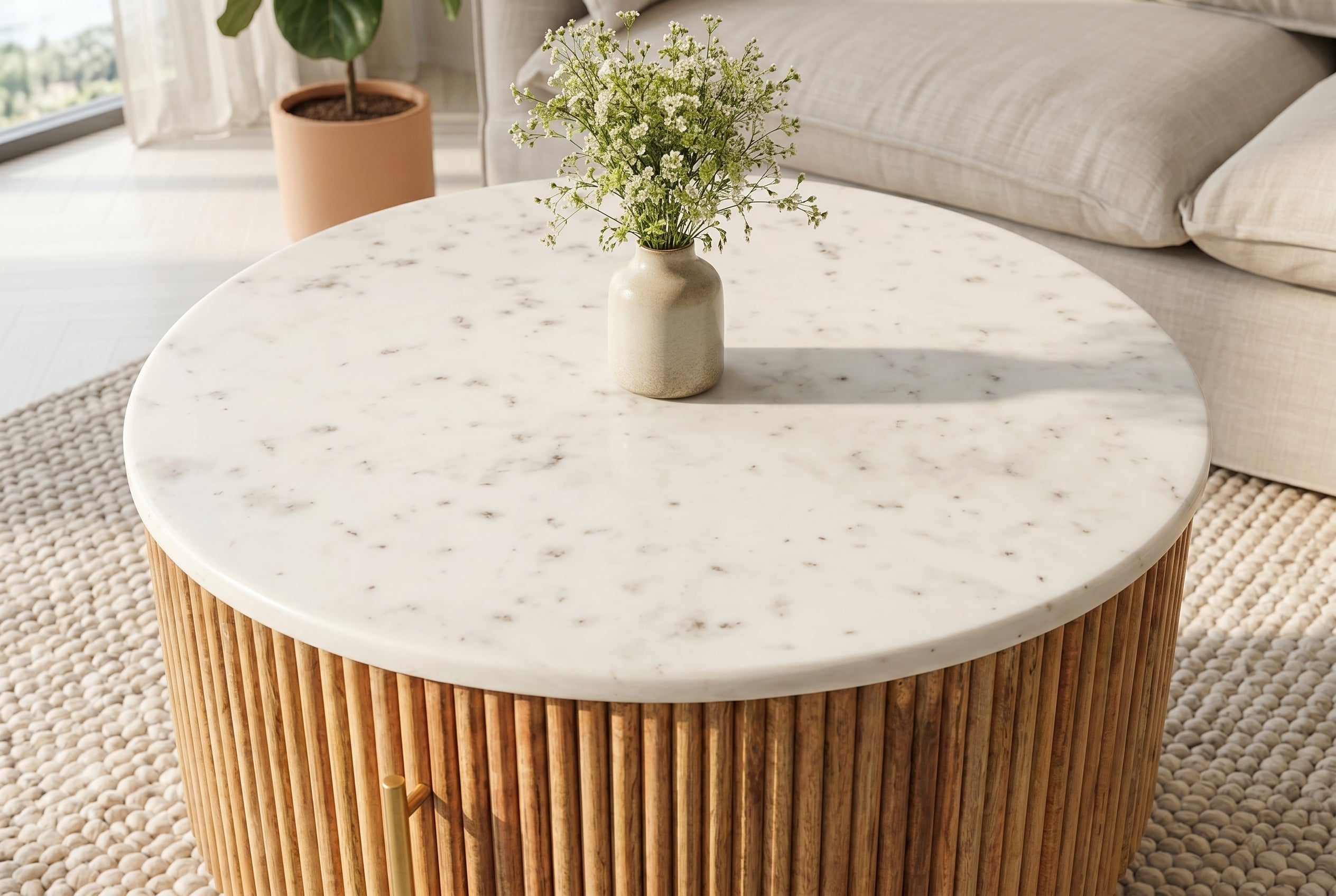 Table basse ronde TRES CHIC 60cm marbre blanc bois de manguier naturel avec rangements
