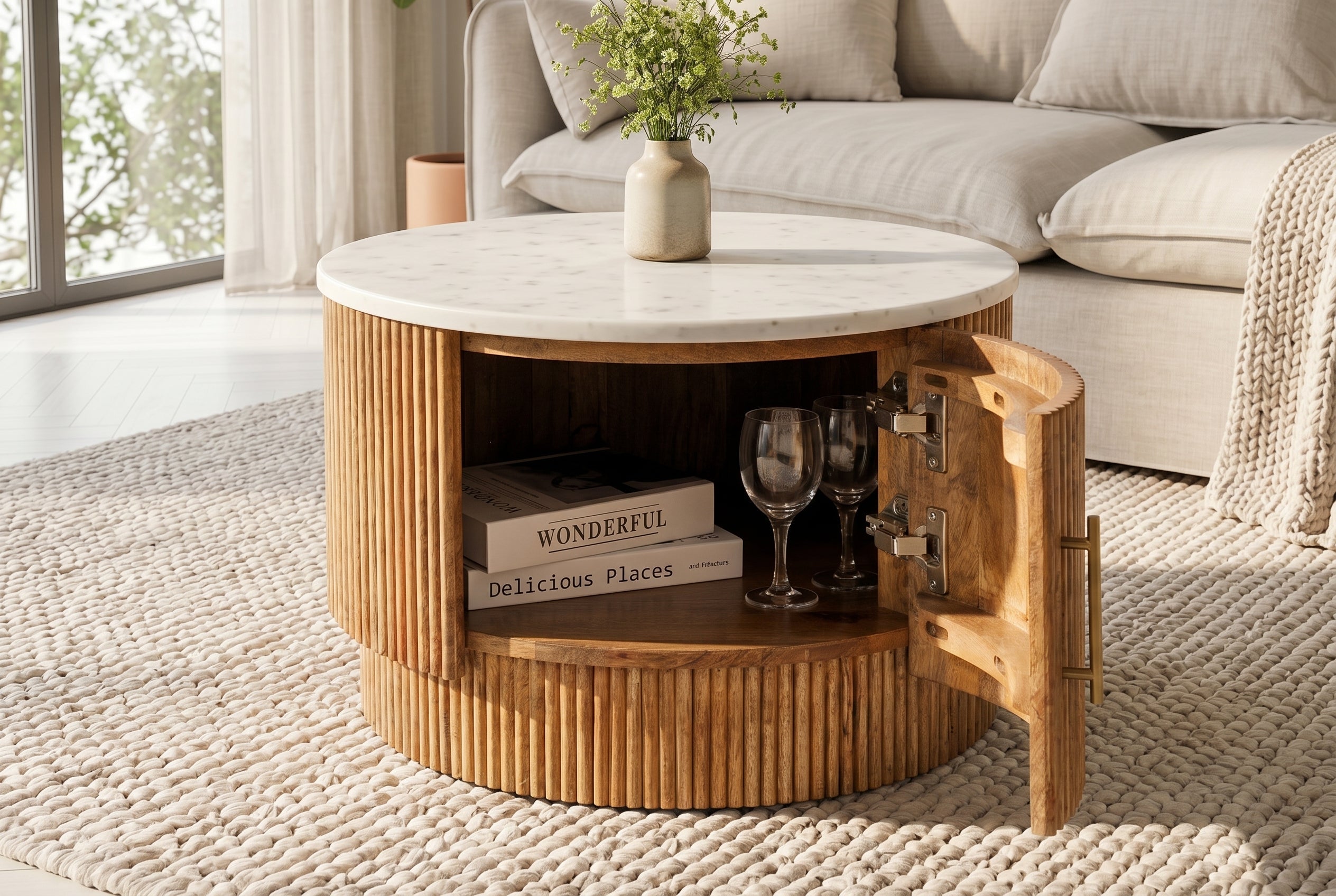 Table basse ronde TRES CHIC 60cm marbre blanc bois de manguier naturel avec rangements