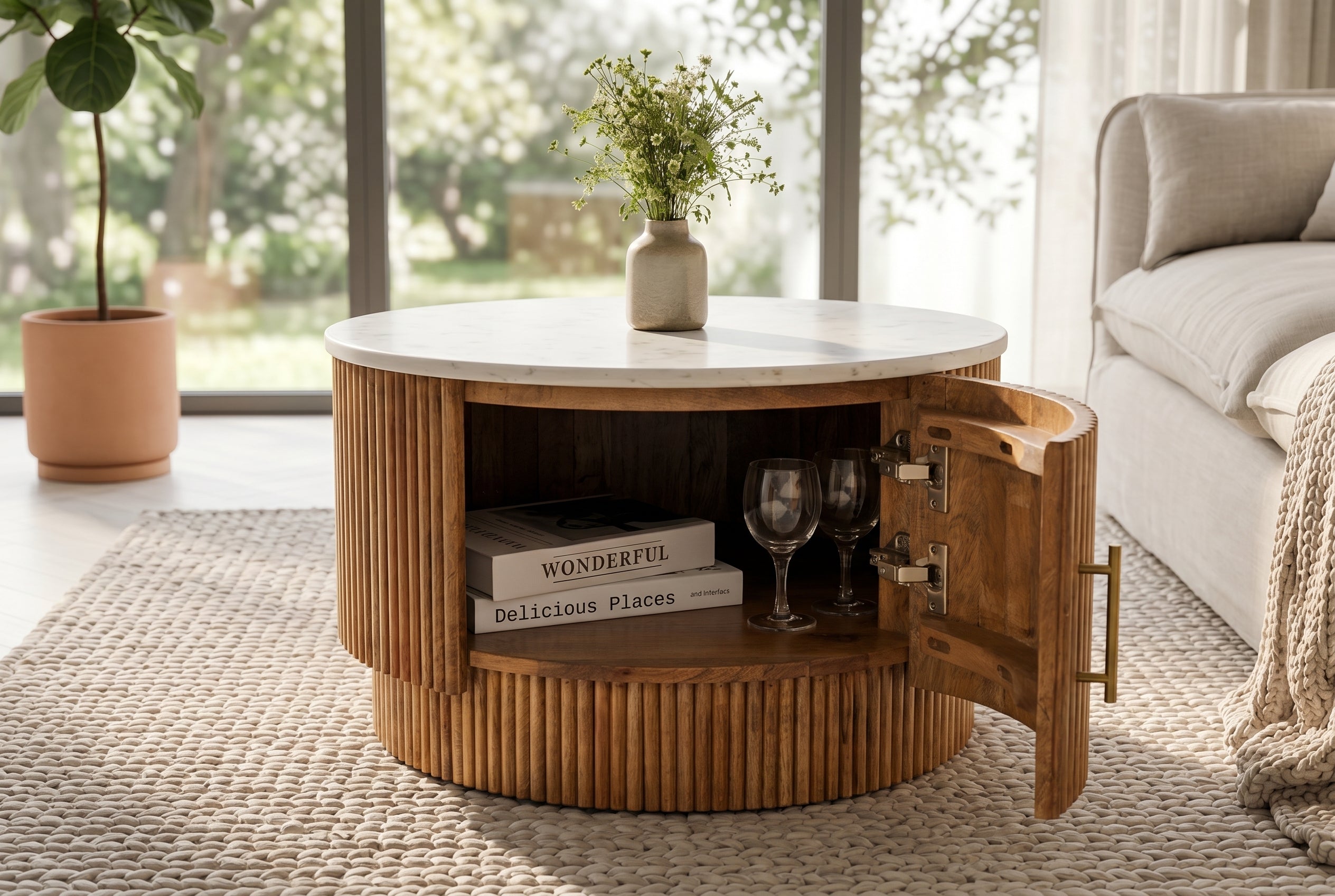 Table basse ronde TRES CHIC 60cm marbre blanc bois de manguier naturel avec rangements