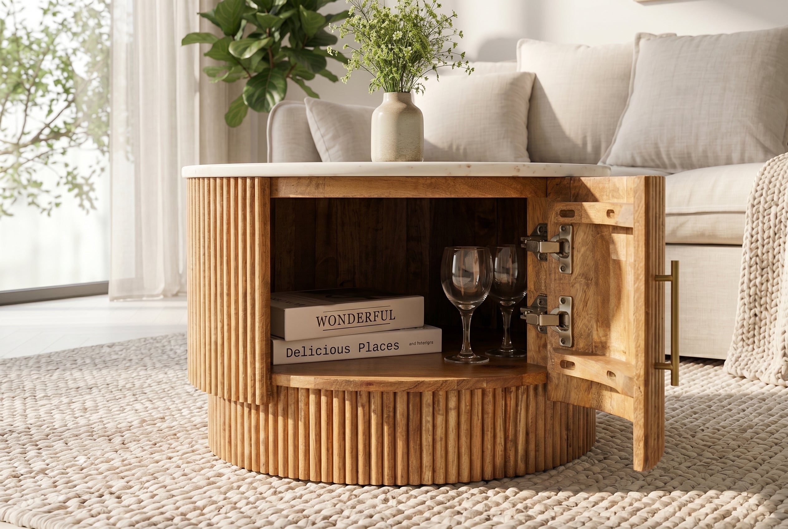 Table basse ronde TRES CHIC 60cm marbre blanc bois de manguier naturel avec rangements
