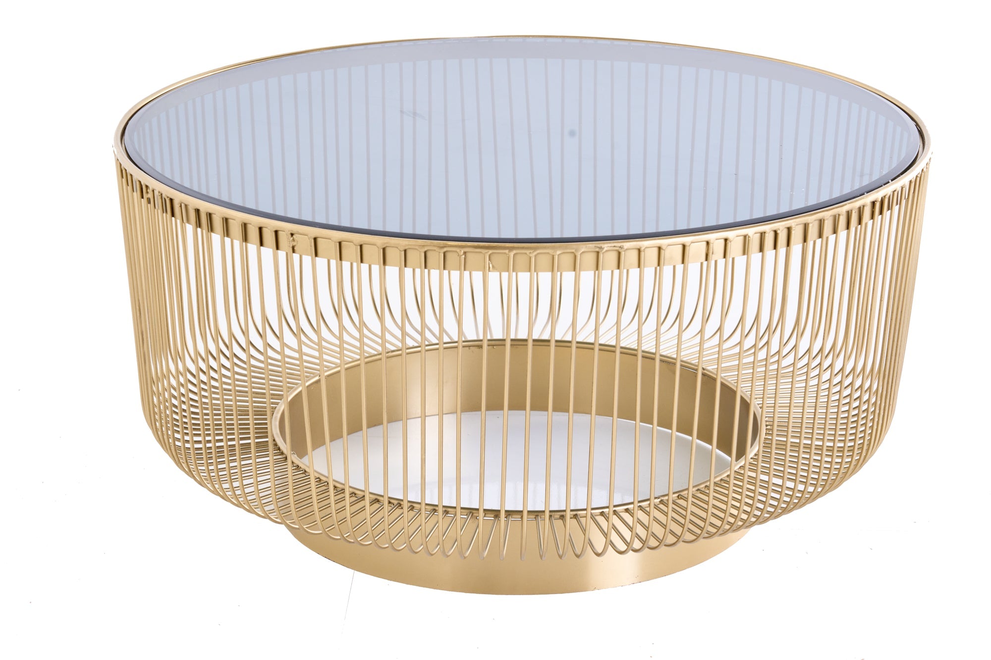 VARIATION Mesa de centro redonda de 80cm estructura de metal dorado cristal negro hecho a mano