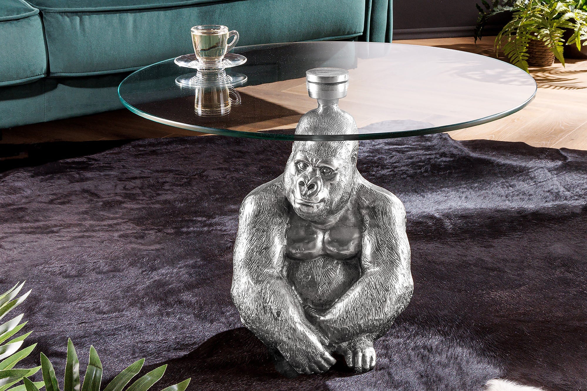 Mesa de centro redonda WILDLIFE KONG 60cm metal plateado cristal figura mono gorila escultura hecha a mano