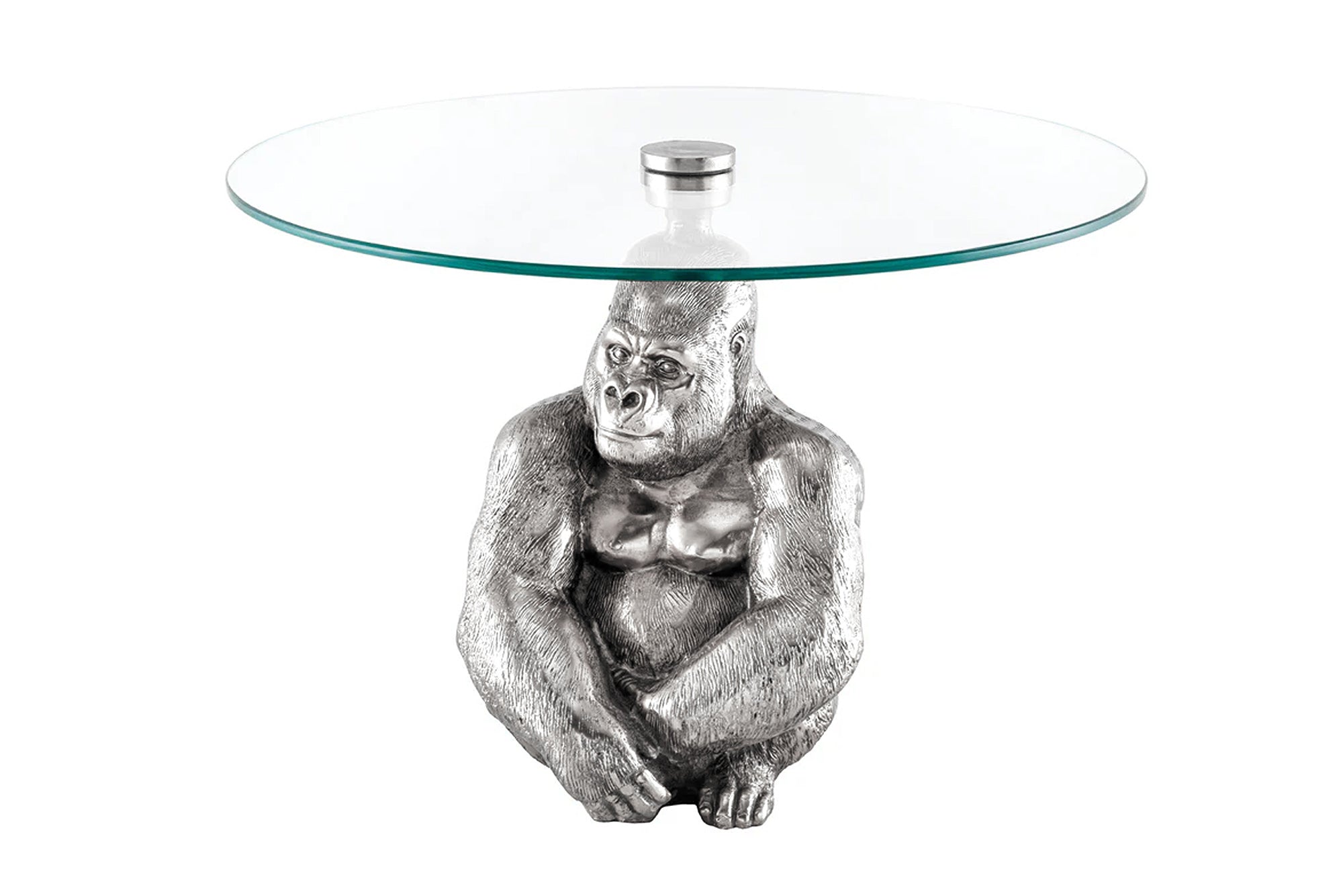 Mesa de centro redonda WILDLIFE KONG 60cm metal plateado cristal figura mono gorila escultura hecha a mano